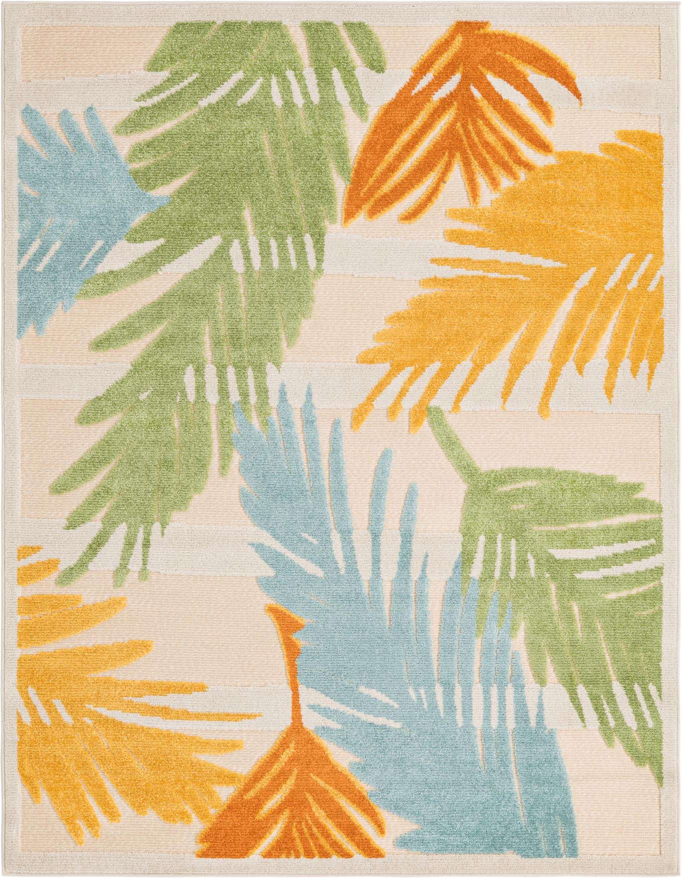 A 5x8 rectangular indoor/outdoor rug featuring a tropical botanical pattern with large green, blue, and orange palm leaves on a cream and tan striped background.