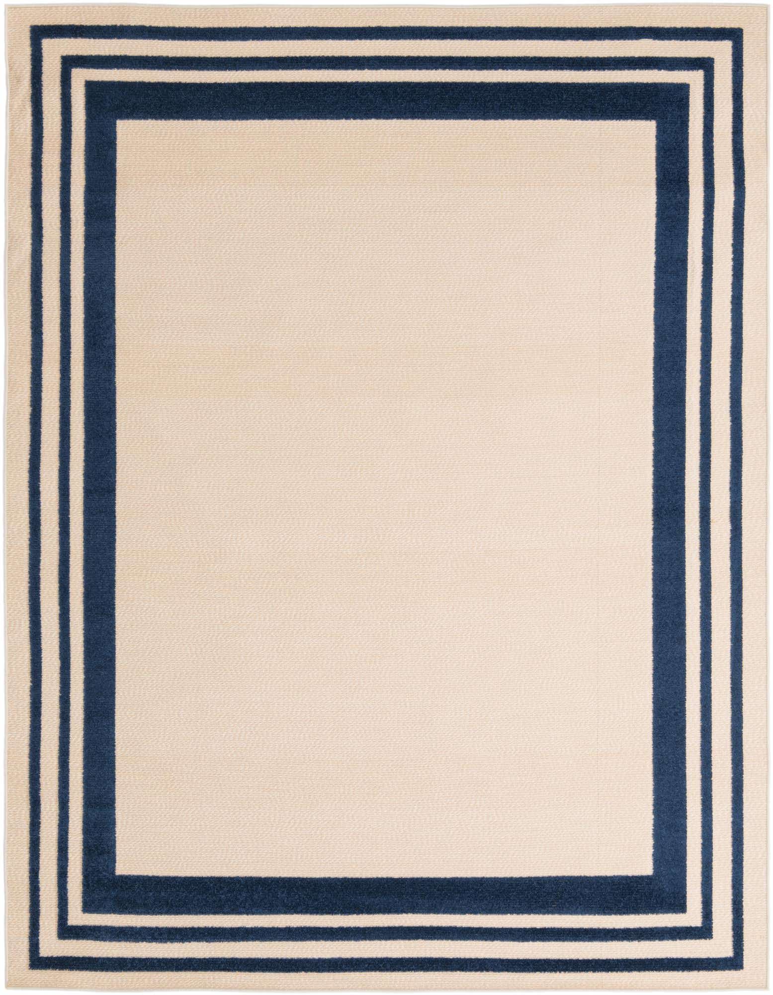 A rectangular 8x10 Aruba Outdoor rug featuring a solid cream field with a bold navy blue triple border design.