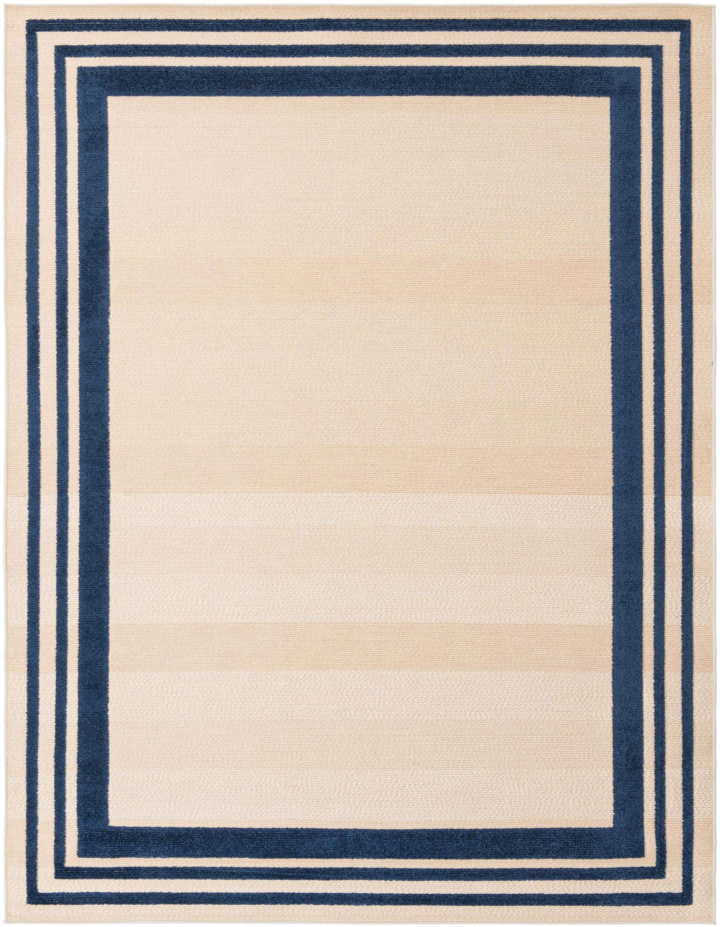 A 7x10 rectangular indoor/outdoor rug with a light brown textured field and a modern navy blue triple border.