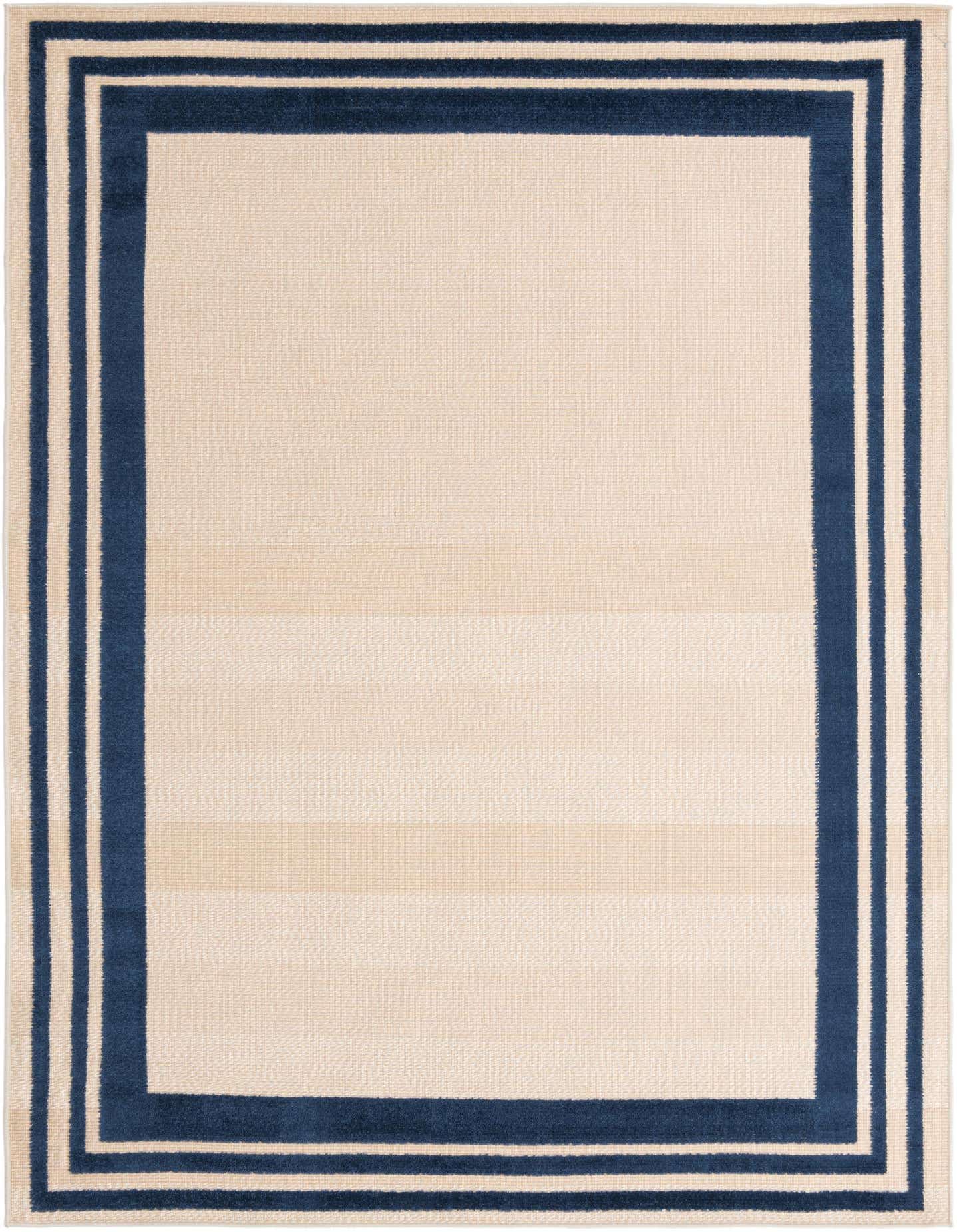 A 6x9 rectangular indoor/outdoor rug featuring a cream center with a triple navy blue border.