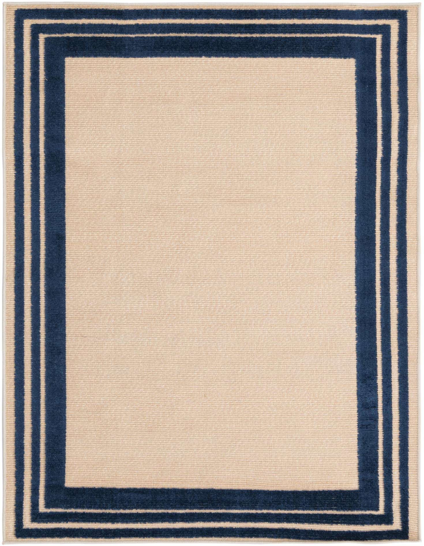 A 4x6 rectangular indoor/outdoor rug with a textured tan field and a triple navy blue border.
