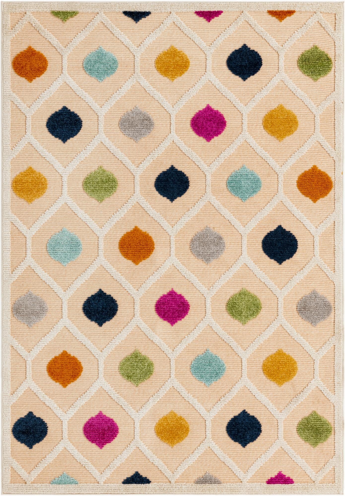 A 4x6 rectangular indoor/outdoor rug featuring a cream trellis pattern with colorful bohemian ogee shapes in teal, orange, navy, yellow, pink, and green.