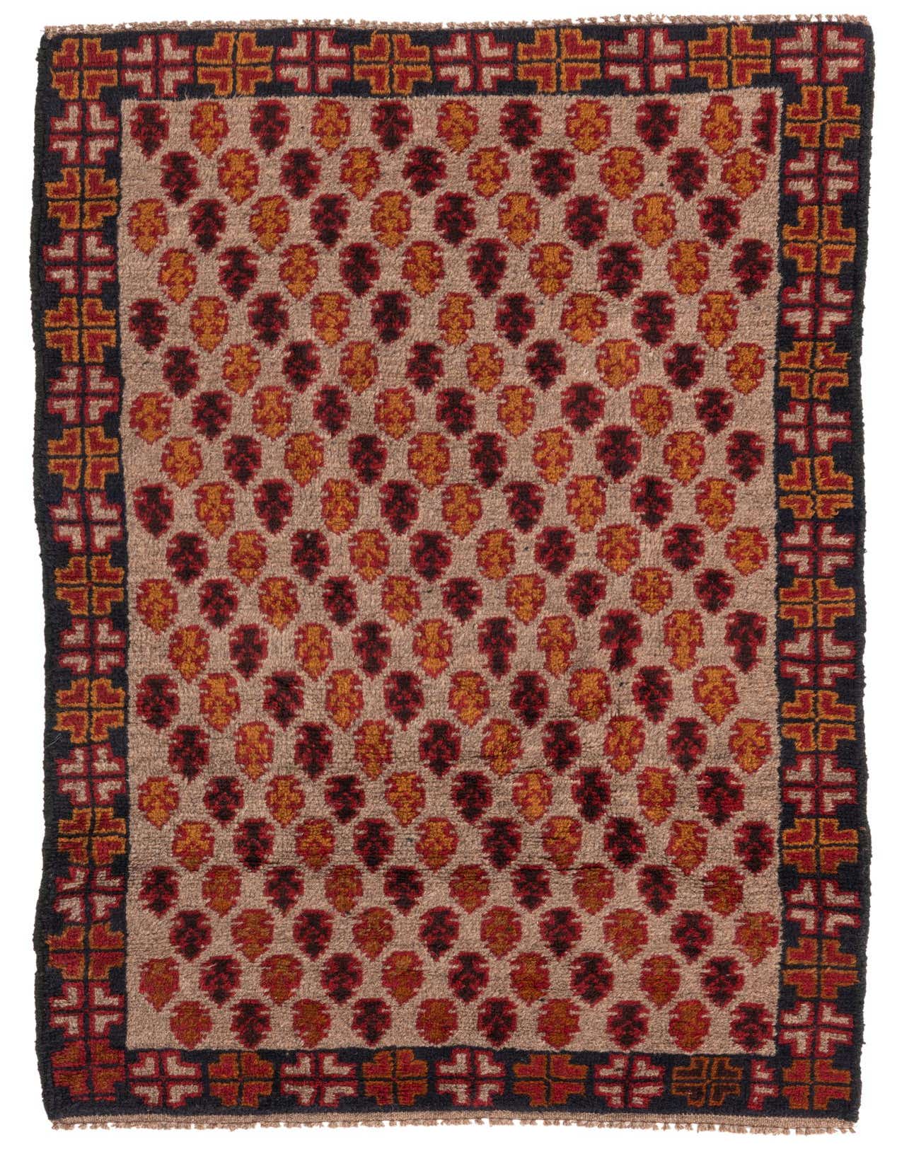 A 3x5 rectangular Balouch rug with a tan field, featuring rows of alternating red and orange tribal motifs, bordered by a dark frame with red and orange geometric patterns.