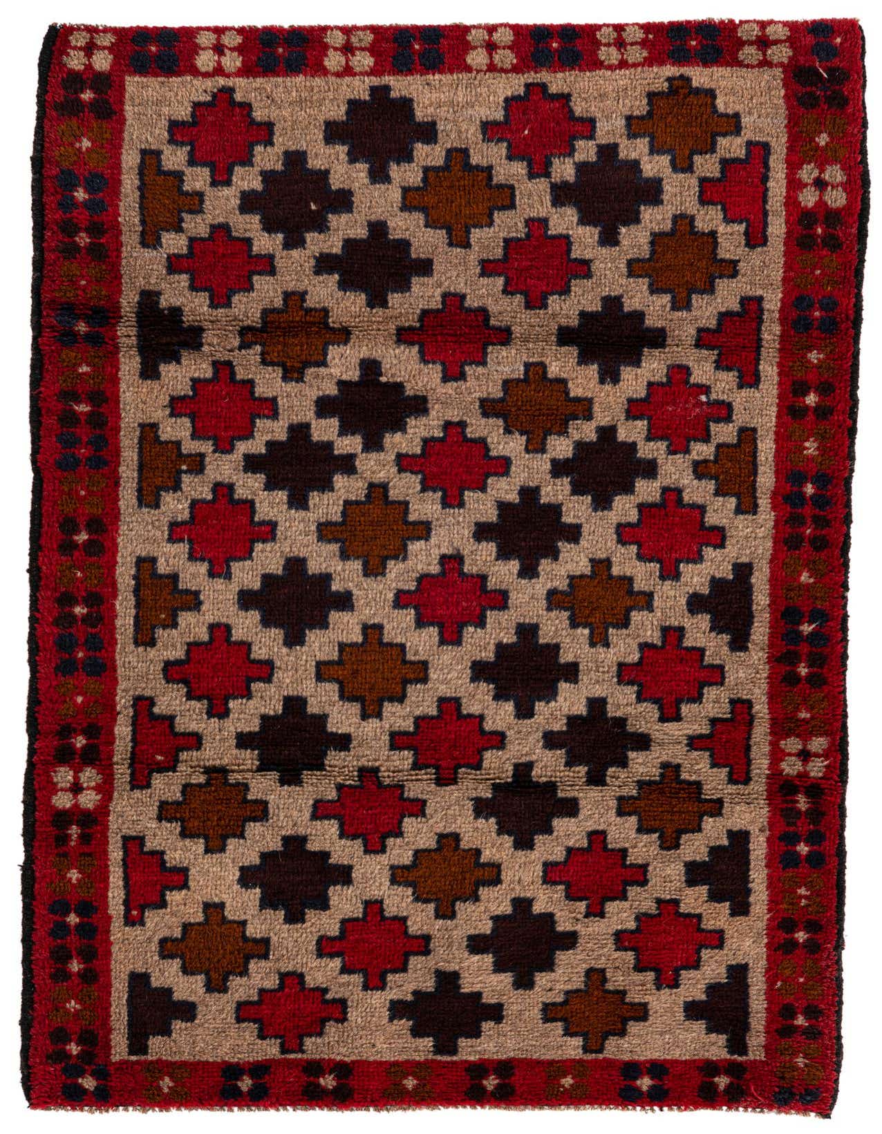 A 3x5 rectangular Balouch rug featuring a traditional tribal pattern in shades of brown, tan, ivory, and red.