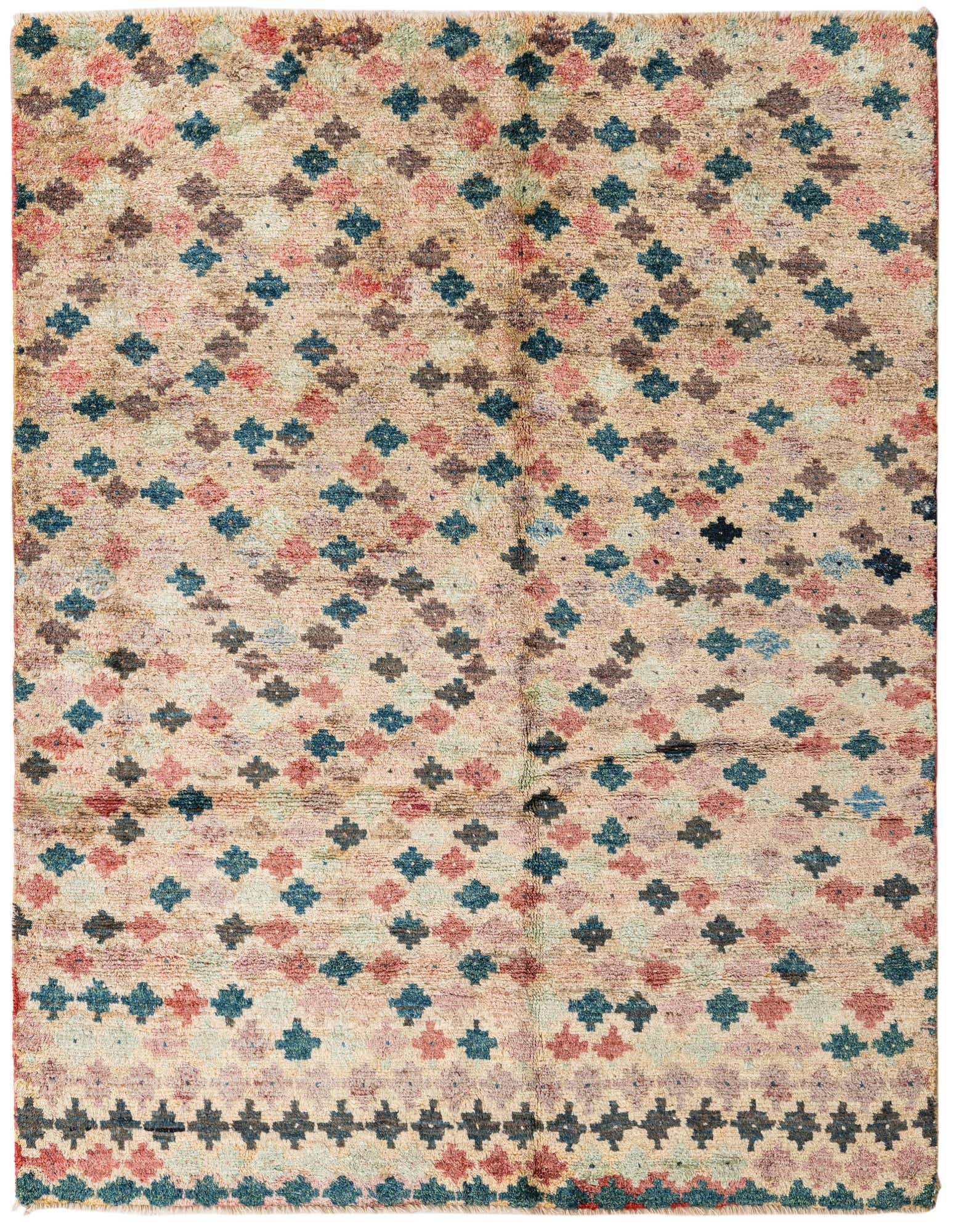 A 5x8 rectangular Balouch rug featuring a tribal pattern of small, colorful diamonds in brown, tan, ivory, cream, blue, and pink on a light background, perfect for a living room.