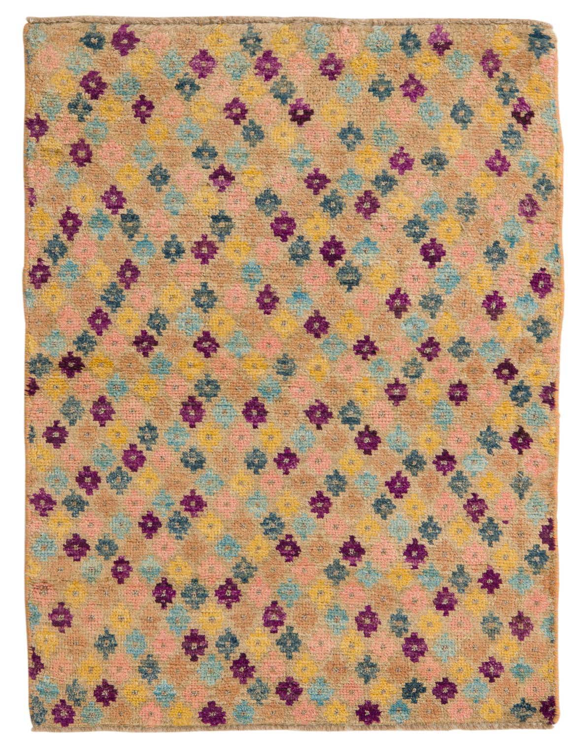 A 3x5 rectangular Balouch rug with a tan background and colorful tribal patterns in pink, yellow, blue, and purple.