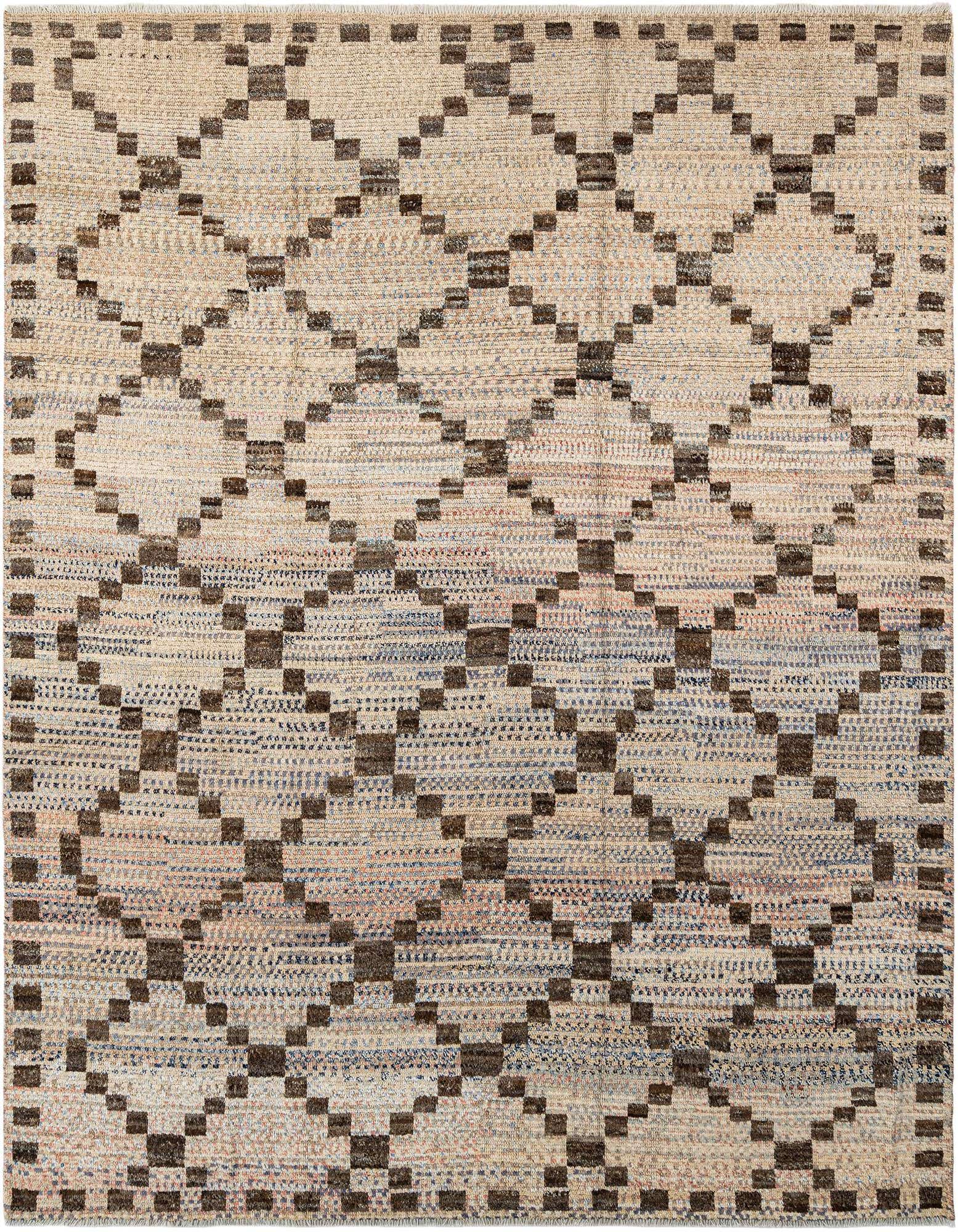 Handmade rectangular wool rug featuring a geometric diamond pattern in varying shades of brown and cream.