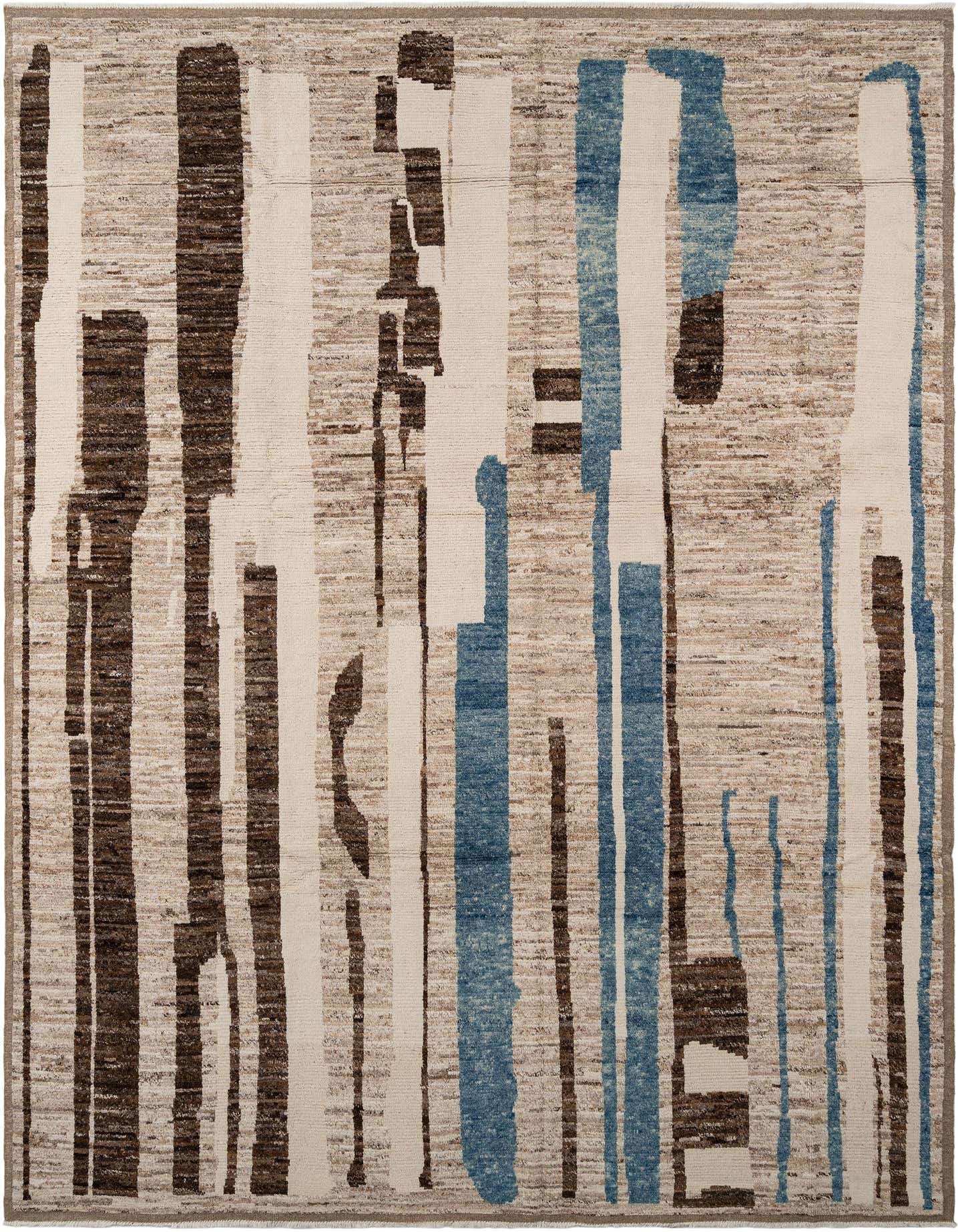 A rectangular Beni Marok wool rug featuring an abstract Persian pattern with vertical brown, ivory, and blue stripes on a textured beige background.