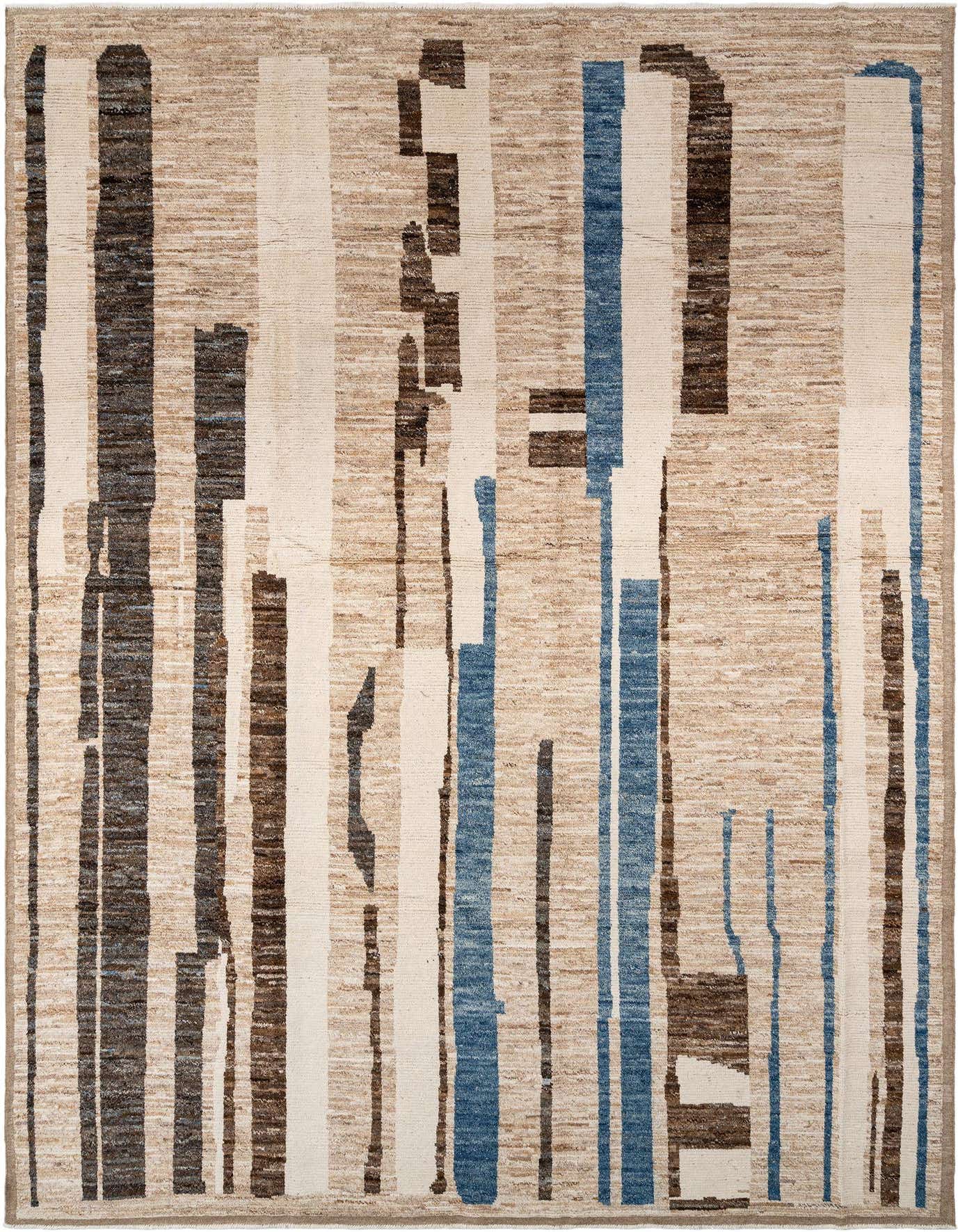 Handmade rectangular Beni Marok rug with a Persian pattern featuring abstract brown, ivory, and blue vertical stripes on a tan background.