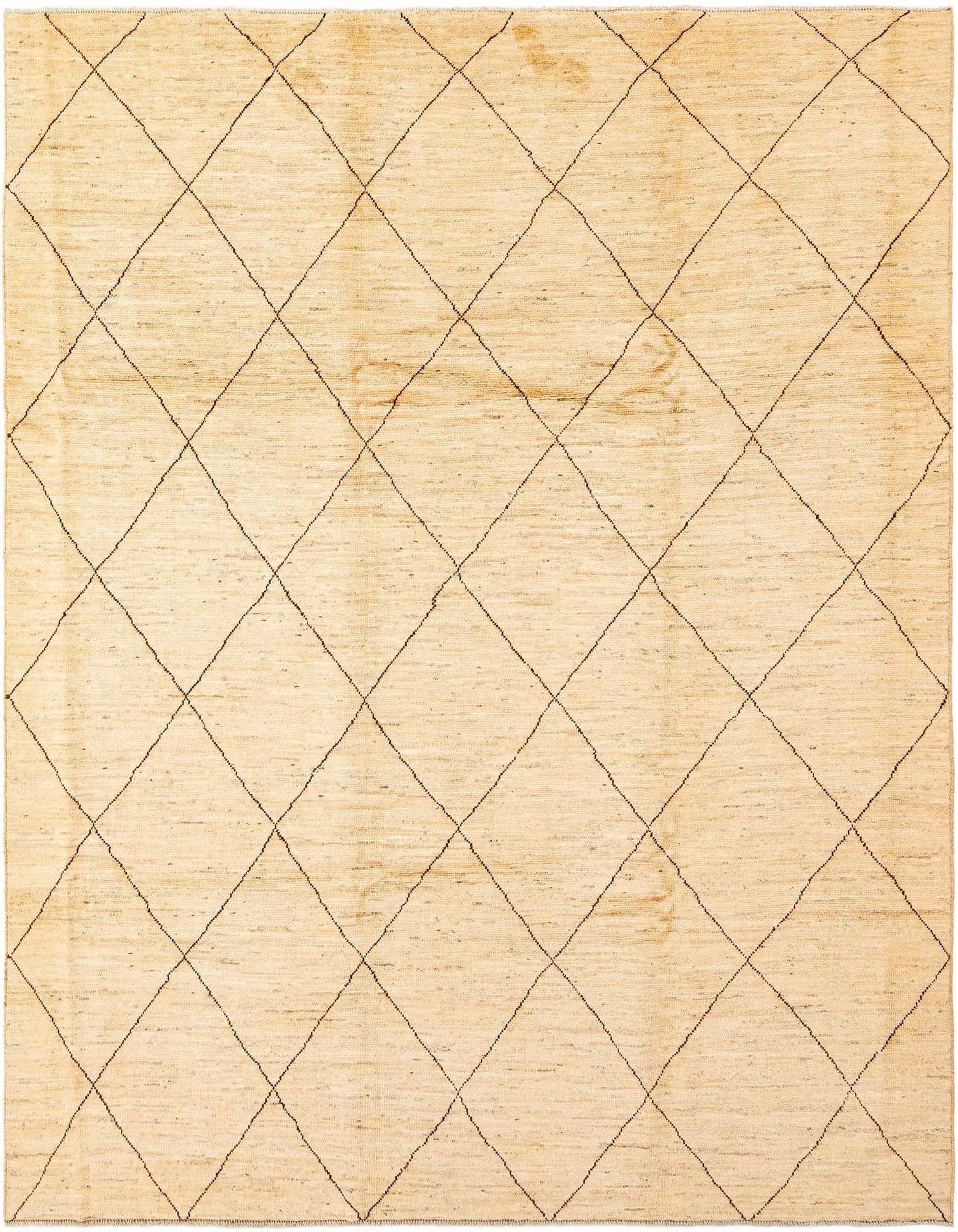 A 6x9 rectangular Beni Marok wool rug in cream and brown with a diamond pattern, perfect for a living room.