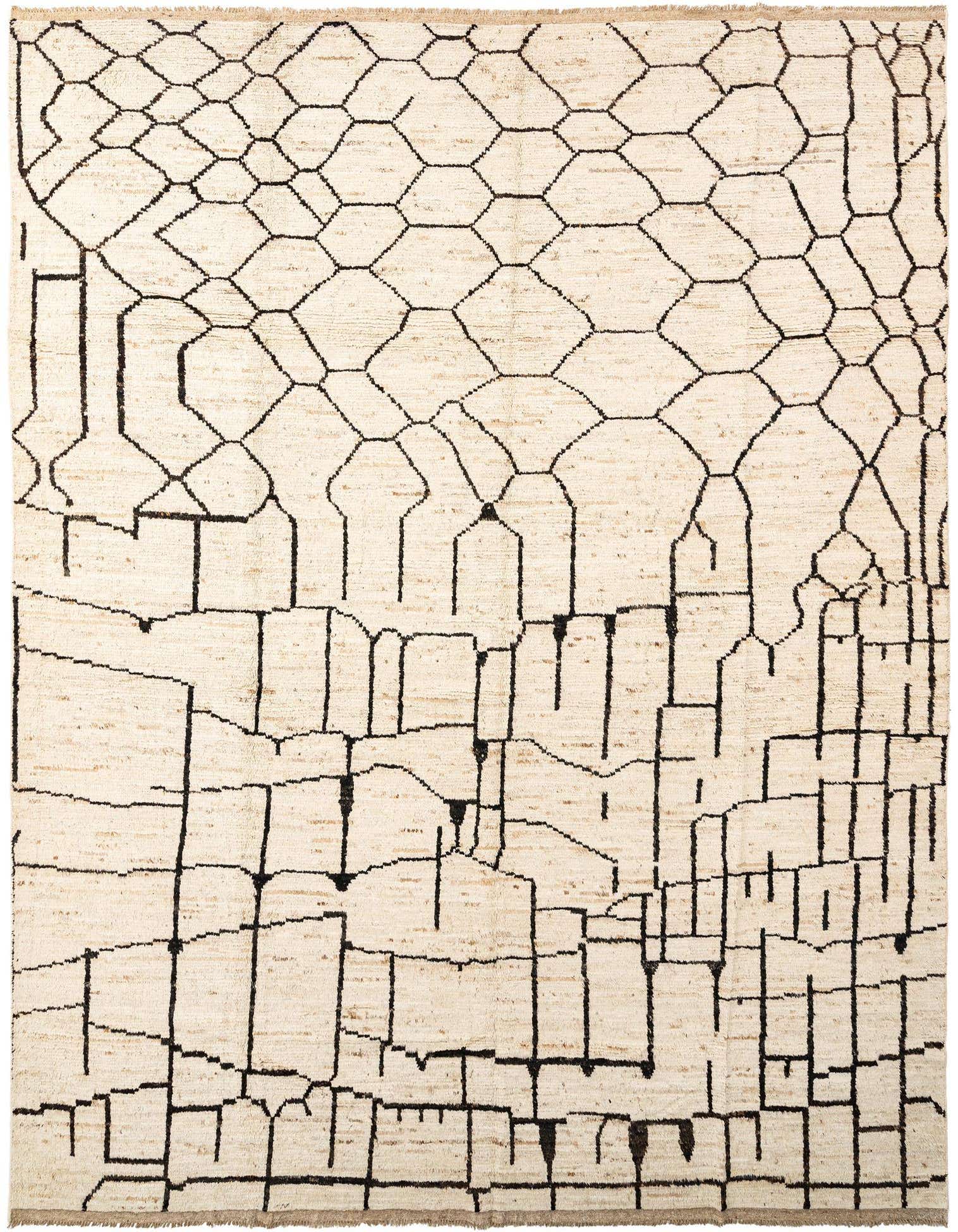 A 10x13 rectangular Rugs.com Beni Marok rug with an abstract geometric pattern in cream and brown.