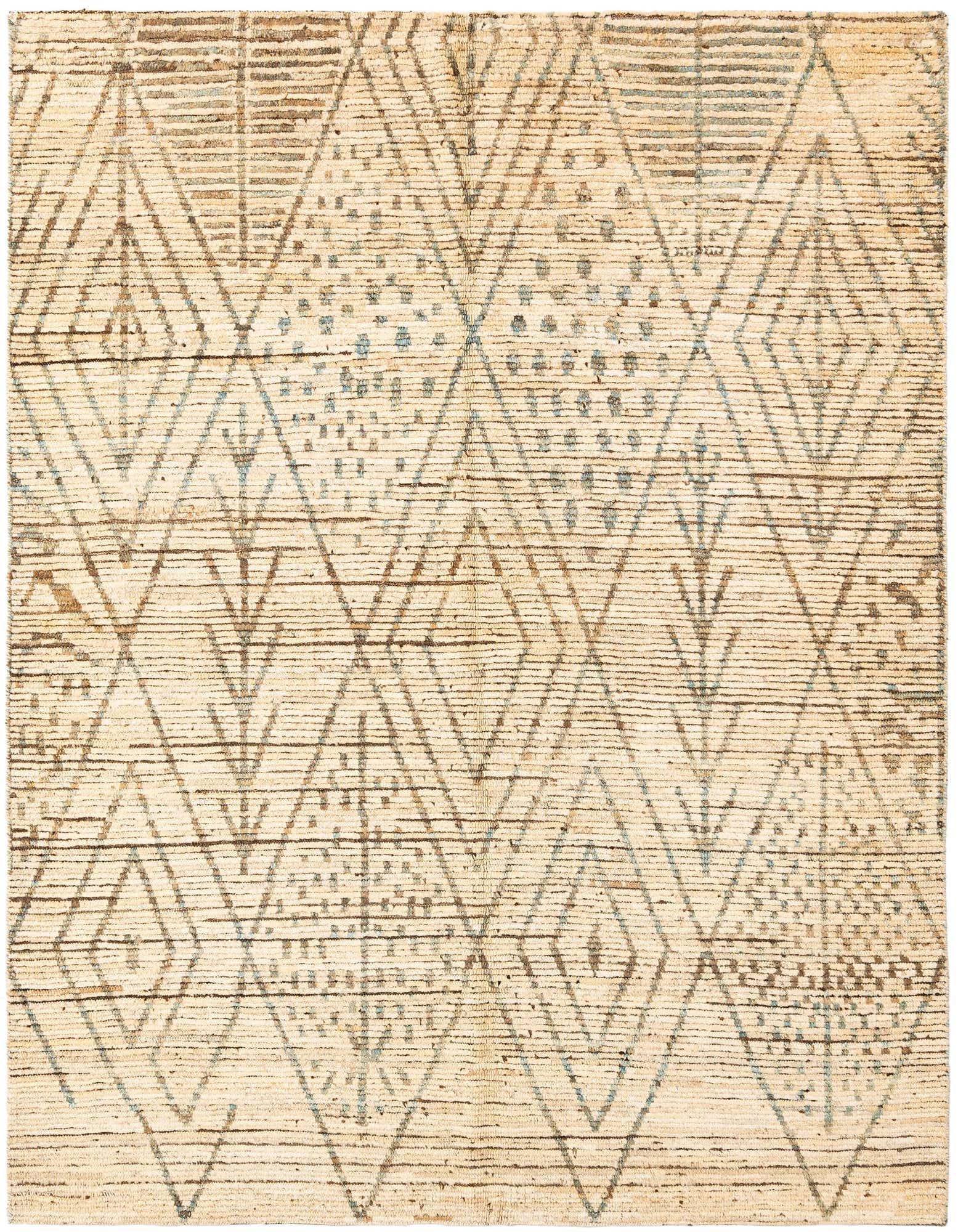 A 5x8 rectangular Beni Marok wool rug with a cream background and brown geometric diamond patterns.