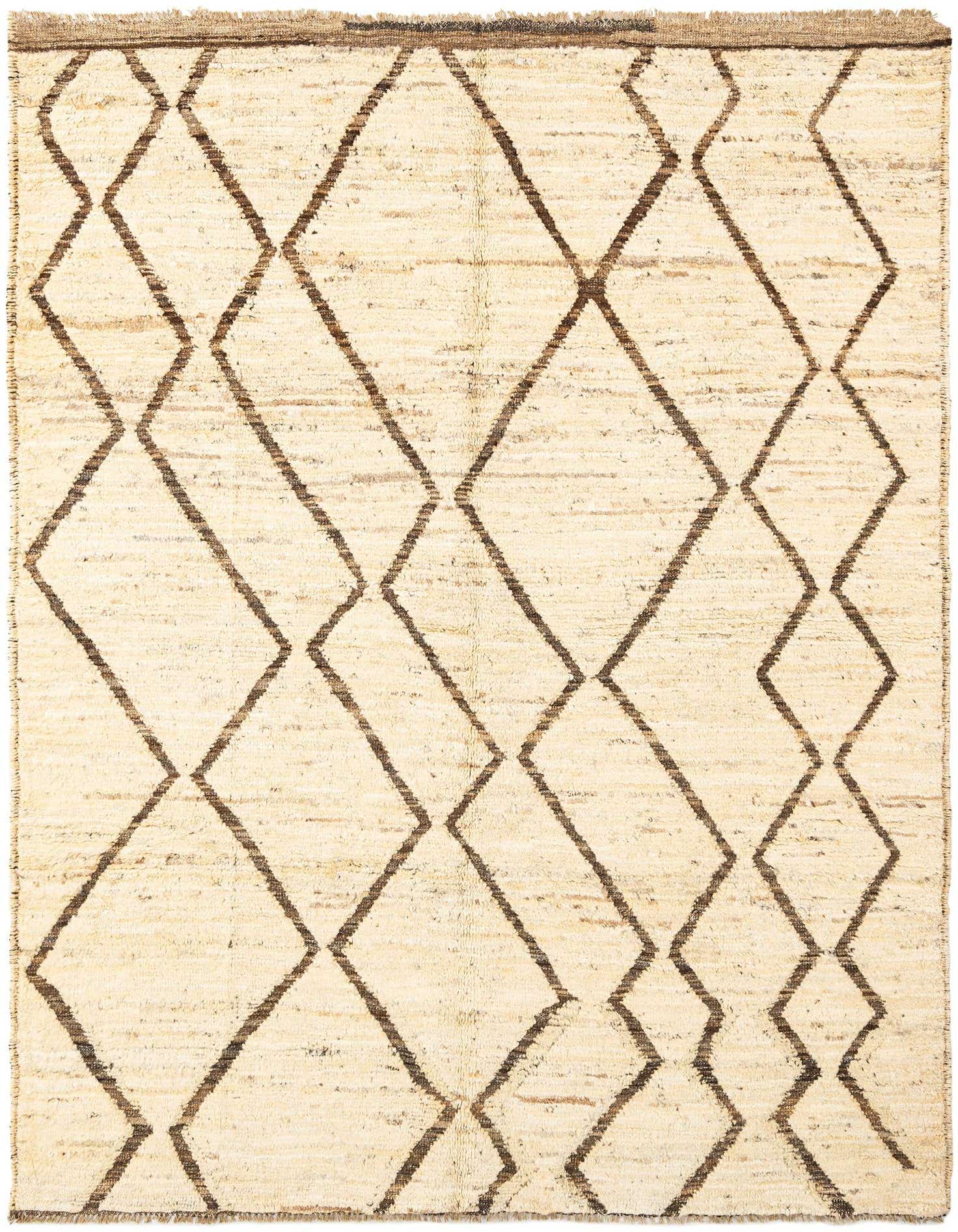 A 5x8 rectangular Beni Marok wool rug featuring a cream background with a brown diamond pattern, suitable for various indoor rooms.