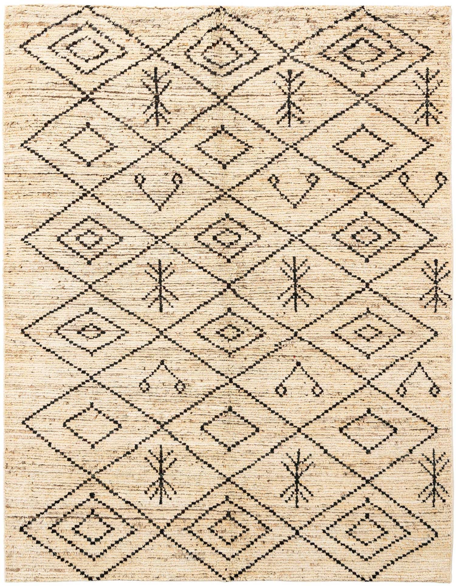 A 5x8 rectangular Beni Marok rug with a natural tan and cream background and a black geometric diamond pattern, suitable for an entryway or living room.