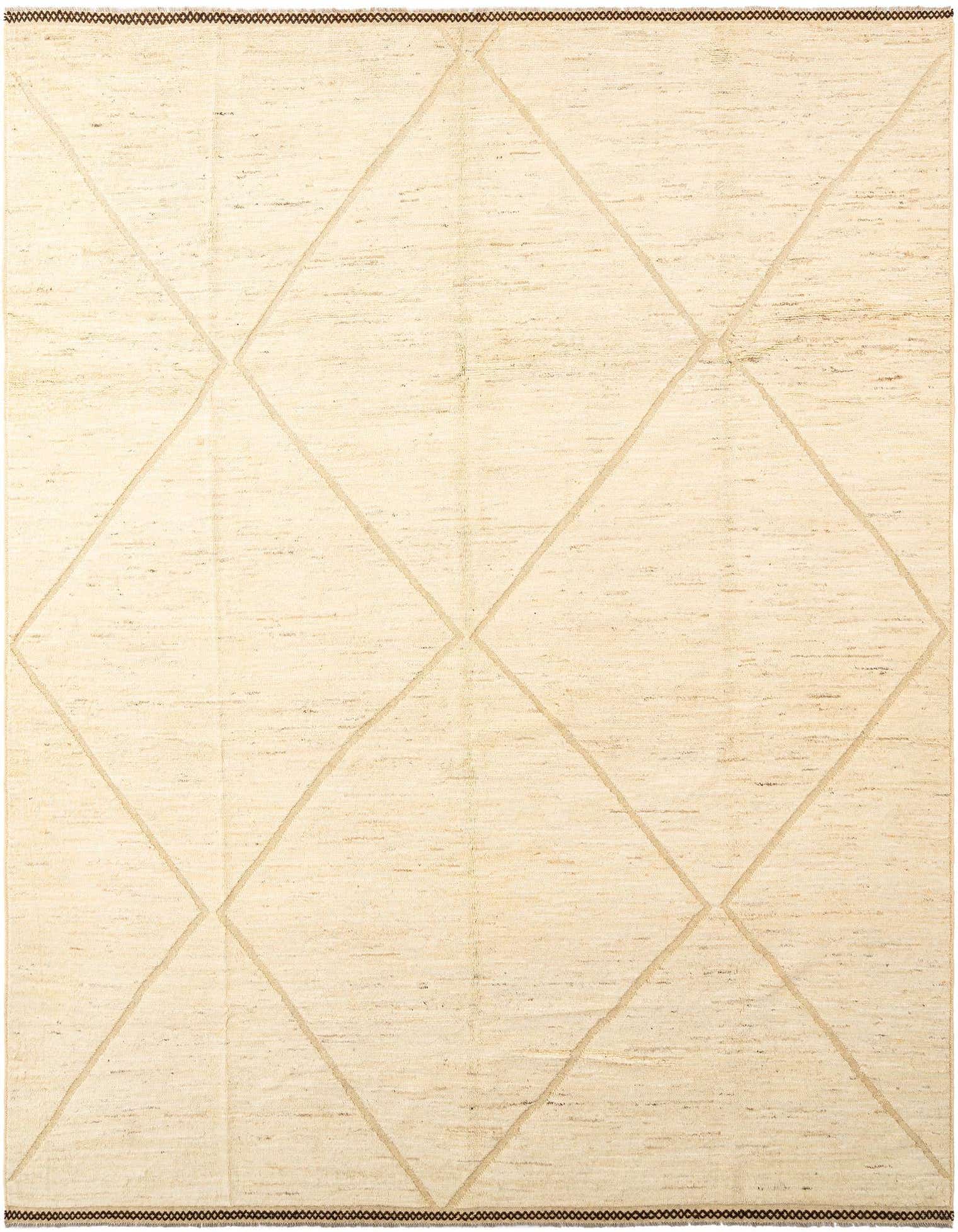 A 10x13 rectangular Beni Marok wool rug with a cream and tan diamond pattern, suitable for a living room.