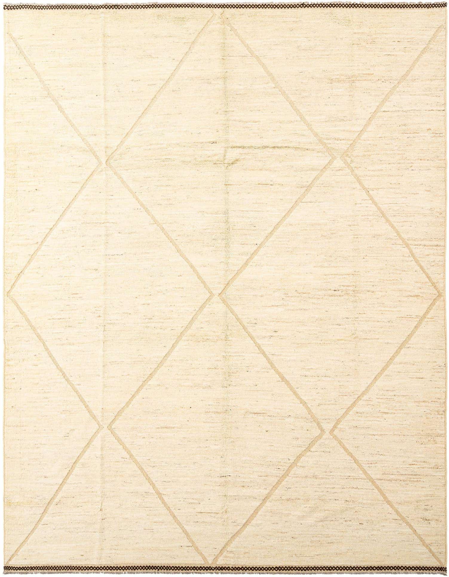A 10x13 rectangular Beni Marok wool rug in cream and tan with a subtle diamond pattern, suitable for a living room.