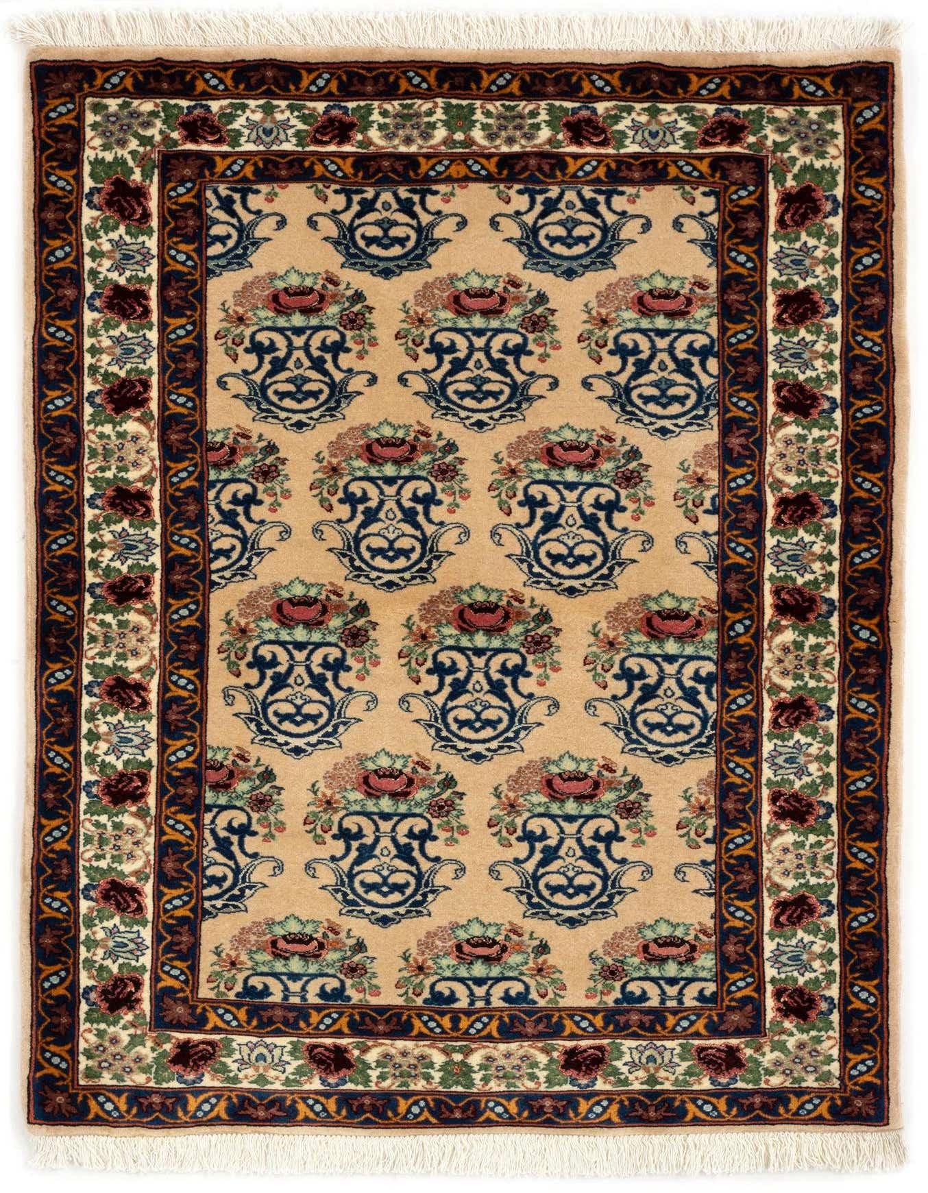 A 3x5 rectangular Bidjar Persian rug with a cream field, navy blue floral vases, and a multi-colored border.