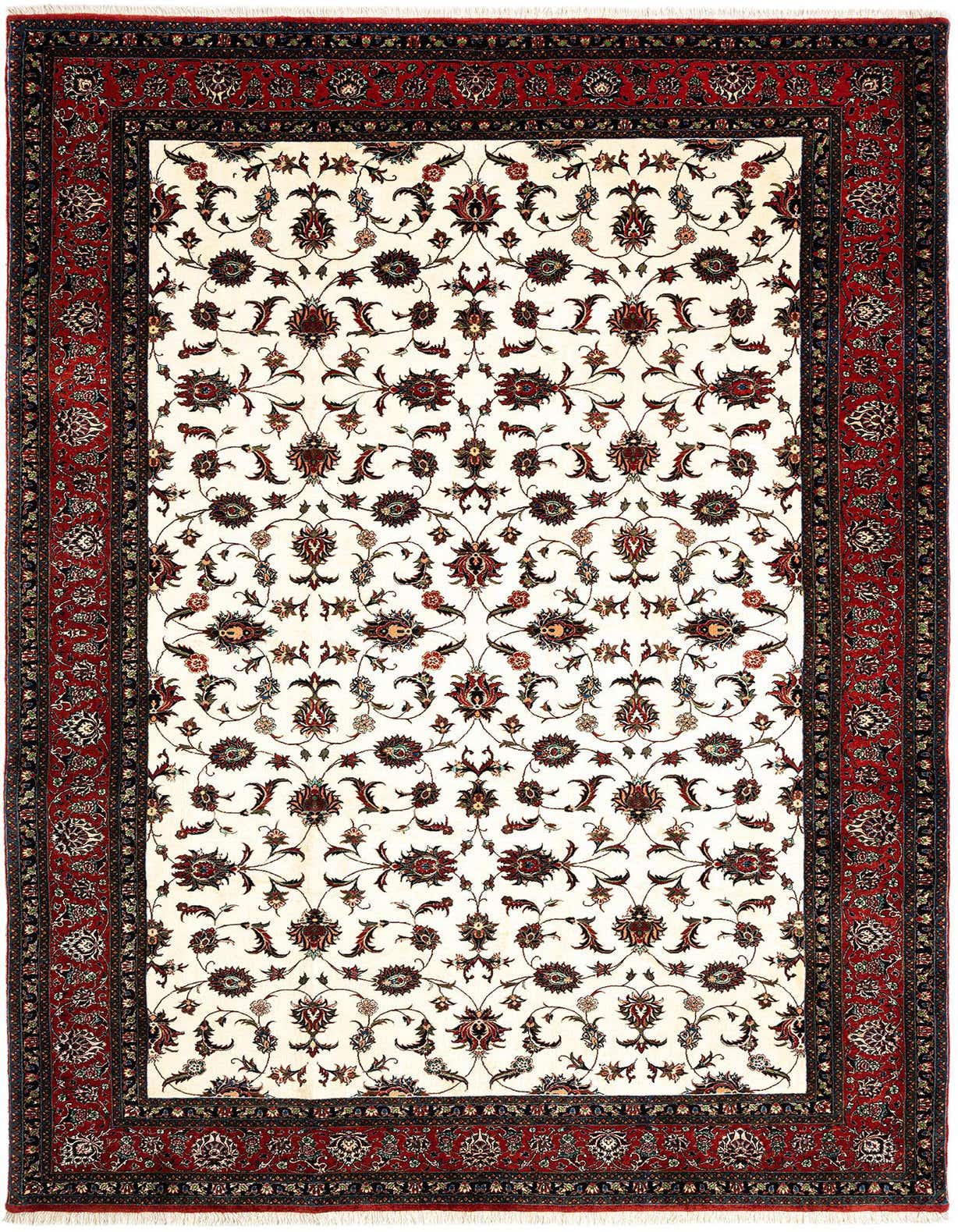 7x10 rectangular Bidjar With Silk rug featuring an ivory field with intricate floral patterns and a rich red border.