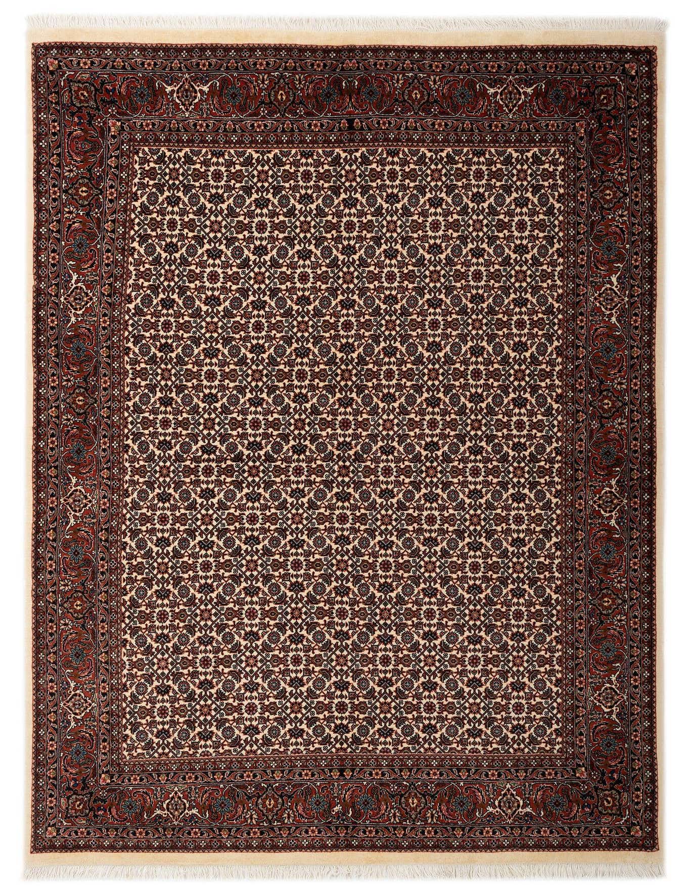 A rectangular 5x8 Persian rug with a cream field and intricate brown, tan, and ivory floral patterns, featuring a detailed dark brown border.