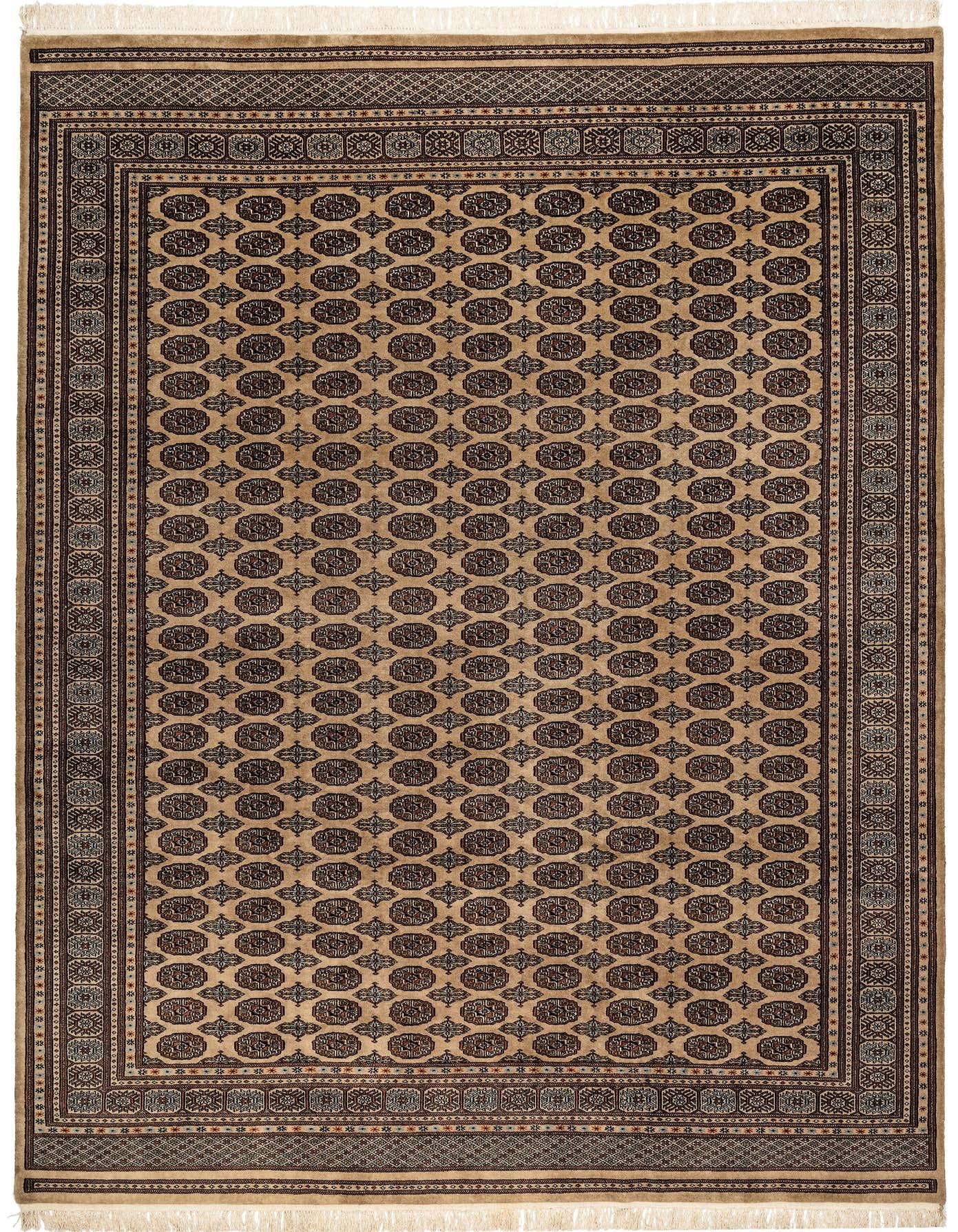 A rectangular 8x11 Bokhara rug featuring a traditional tribal pattern in shades of brown, tan, and cream.