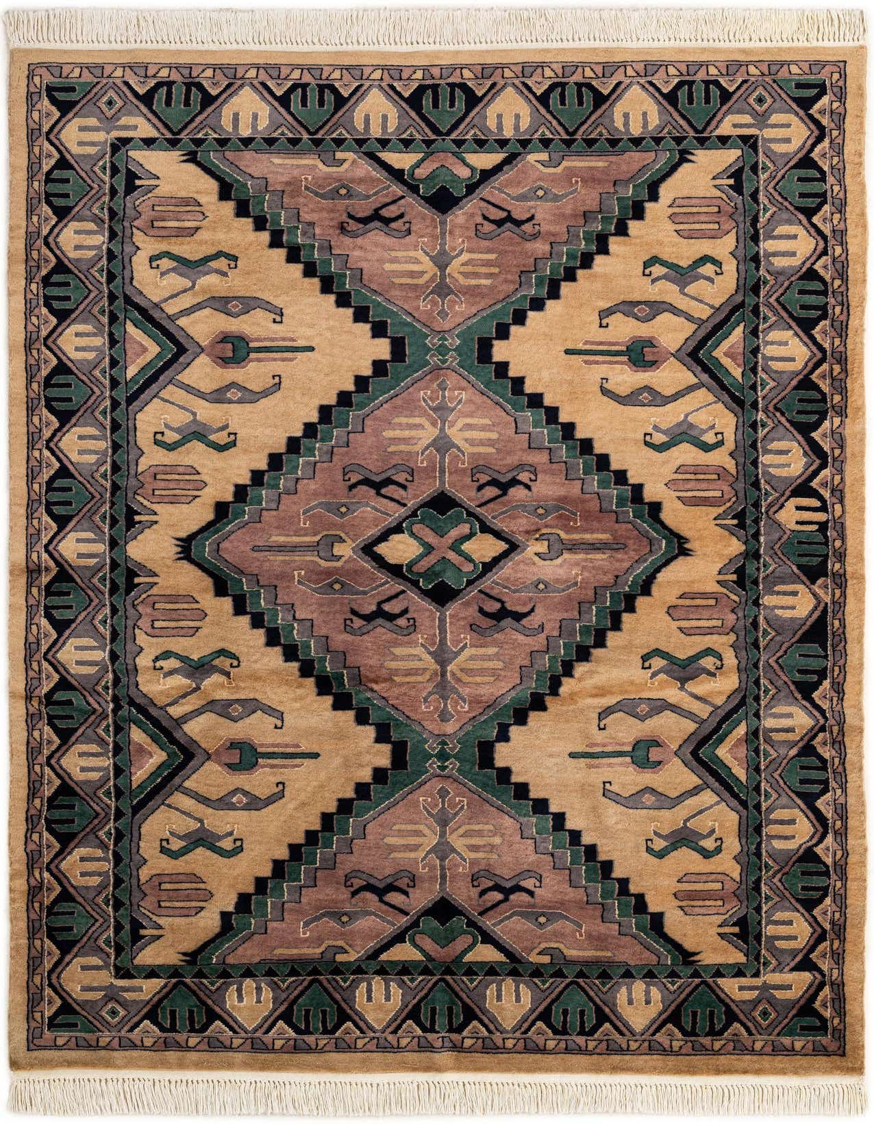 A rectangular 5x7 Bokhara rug featuring a central diamond medallion in brown, green, and black tribal patterns on a tan background, with ivory fringes.