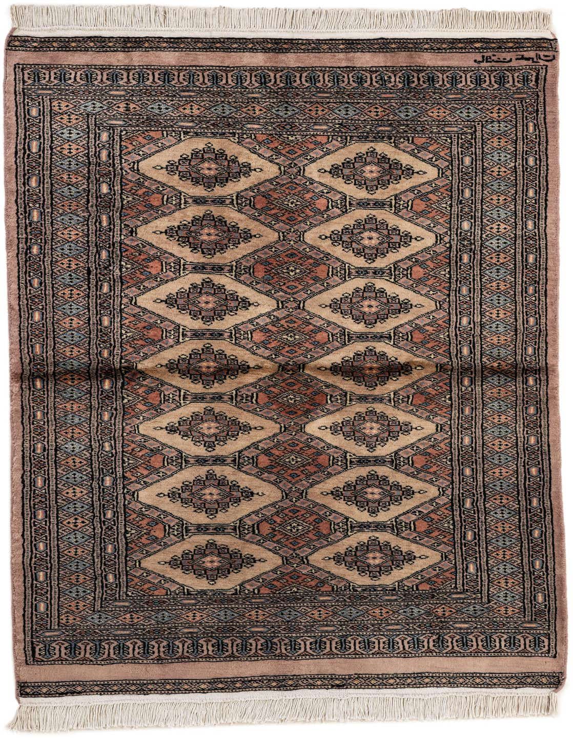 A 3x5 rectangular Bokhara rug with a traditional tribal pattern in browns, tans, and creams, featuring diamond motifs.