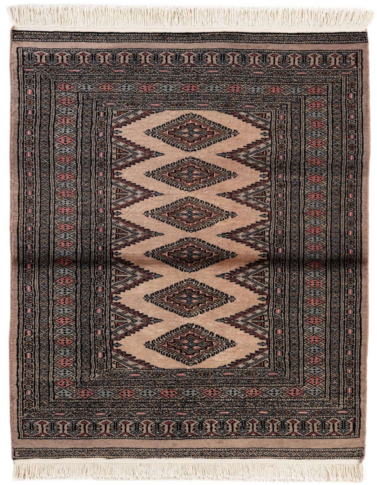 A 3x5 rectangular Bokhara rug with a tan field, featuring a central column of large tribal diamonds in black, red, and blue, framed by intricate borders.