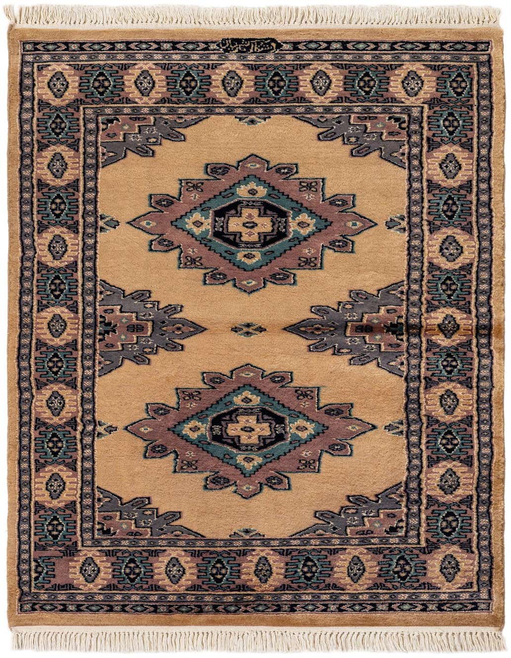 A 3x5 rectangular Bokhara rug featuring a traditional tribal pattern in browns, tans, ivories, and creams, with a flat pile.