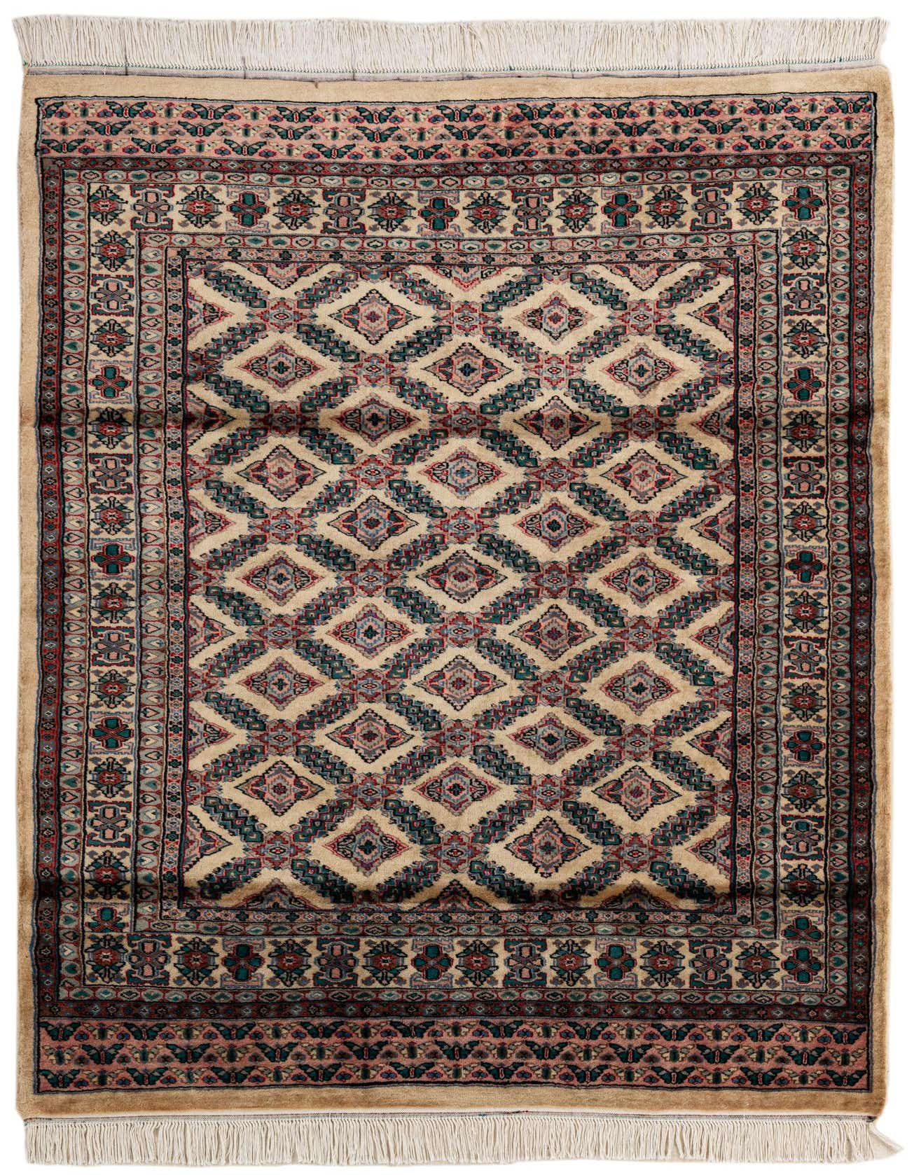 A 4x6 rectangular Bokhara wool rug featuring a traditional tribal pattern in ivory, tan, and brown with intricate red and teal diamond motifs.