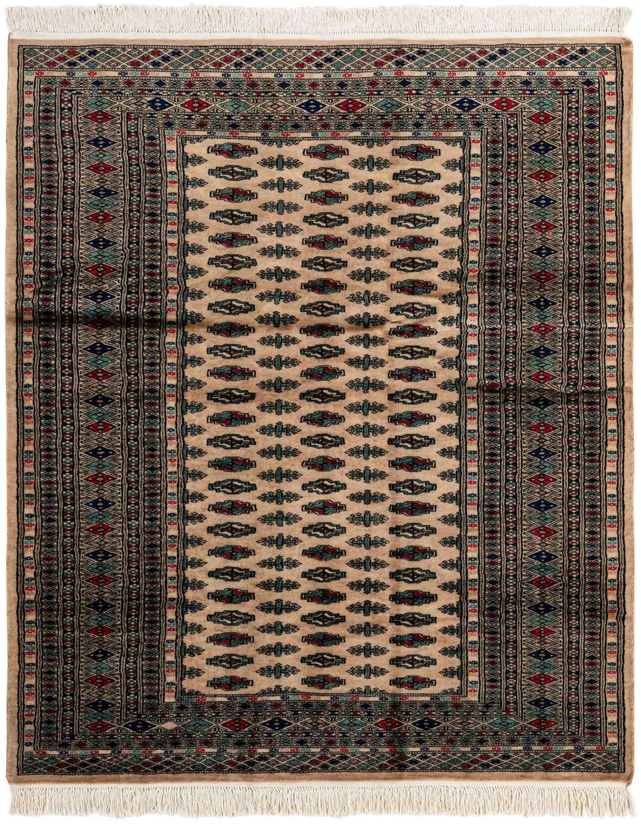 A 4x6 rectangular Bokhara wool rug with a tan field, featuring traditional tribal motifs in red, blue, and green, and a detailed border.