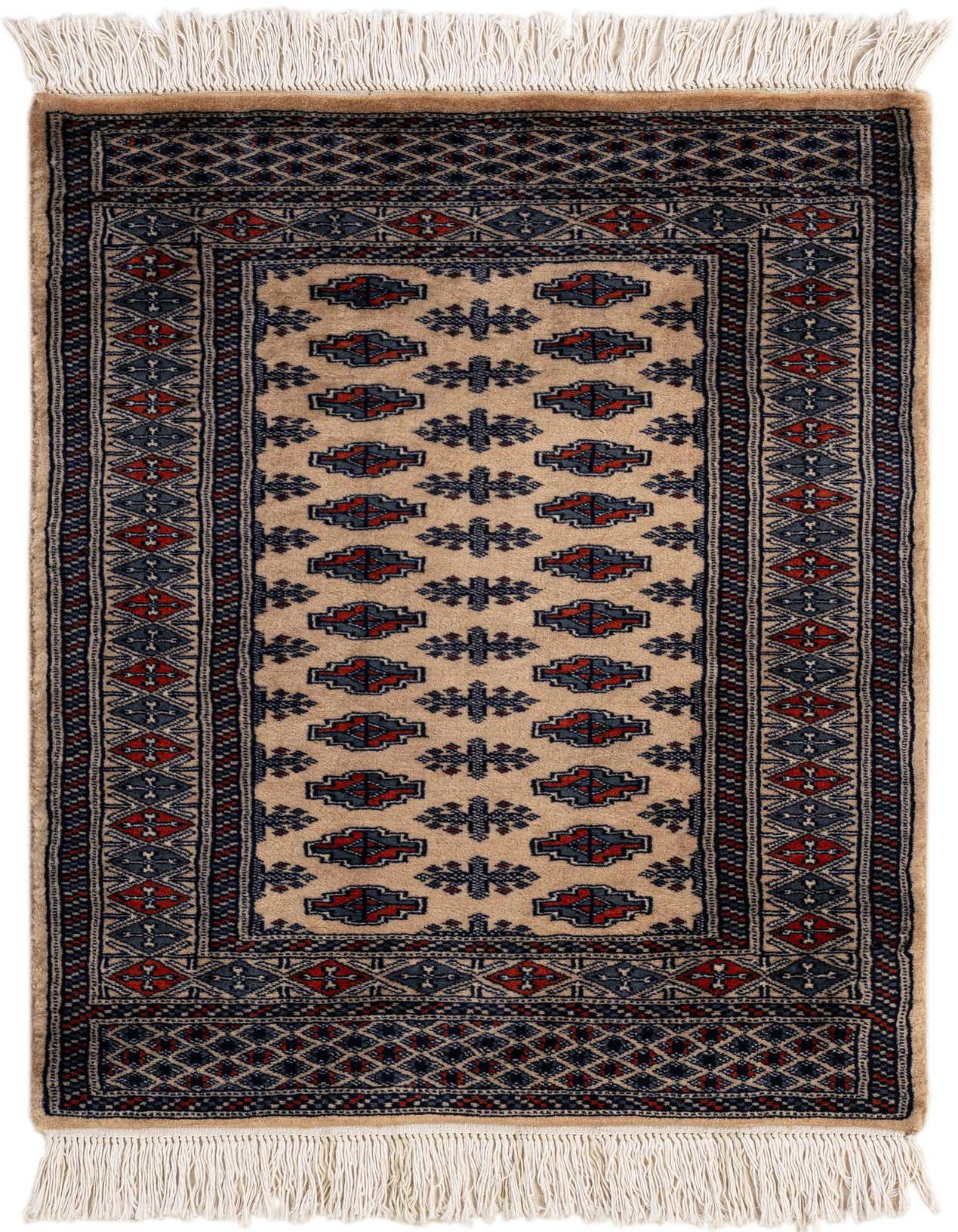 A 2x3 rectangular Bokhara rug with a tan field, featuring traditional tribal patterns in red and navy, and white fringe.