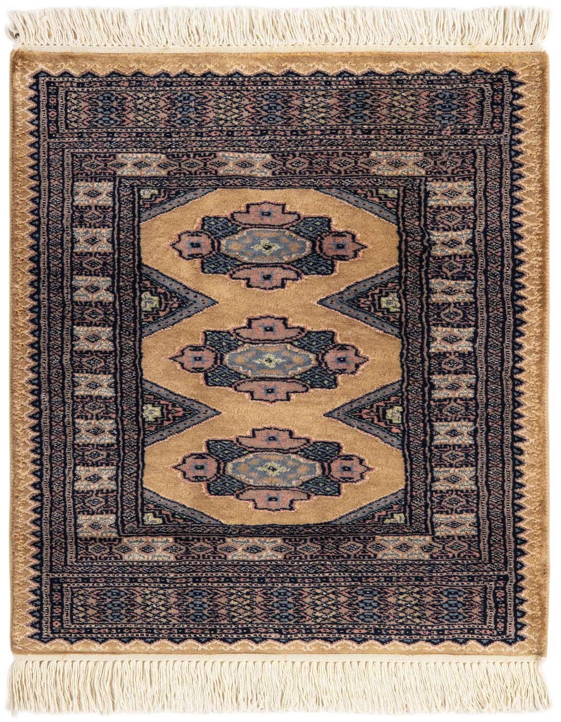 A 2x3 rectangular Rugs.com Bokhara rug featuring a traditional tribal medallion pattern in brown, tan, and ivory.