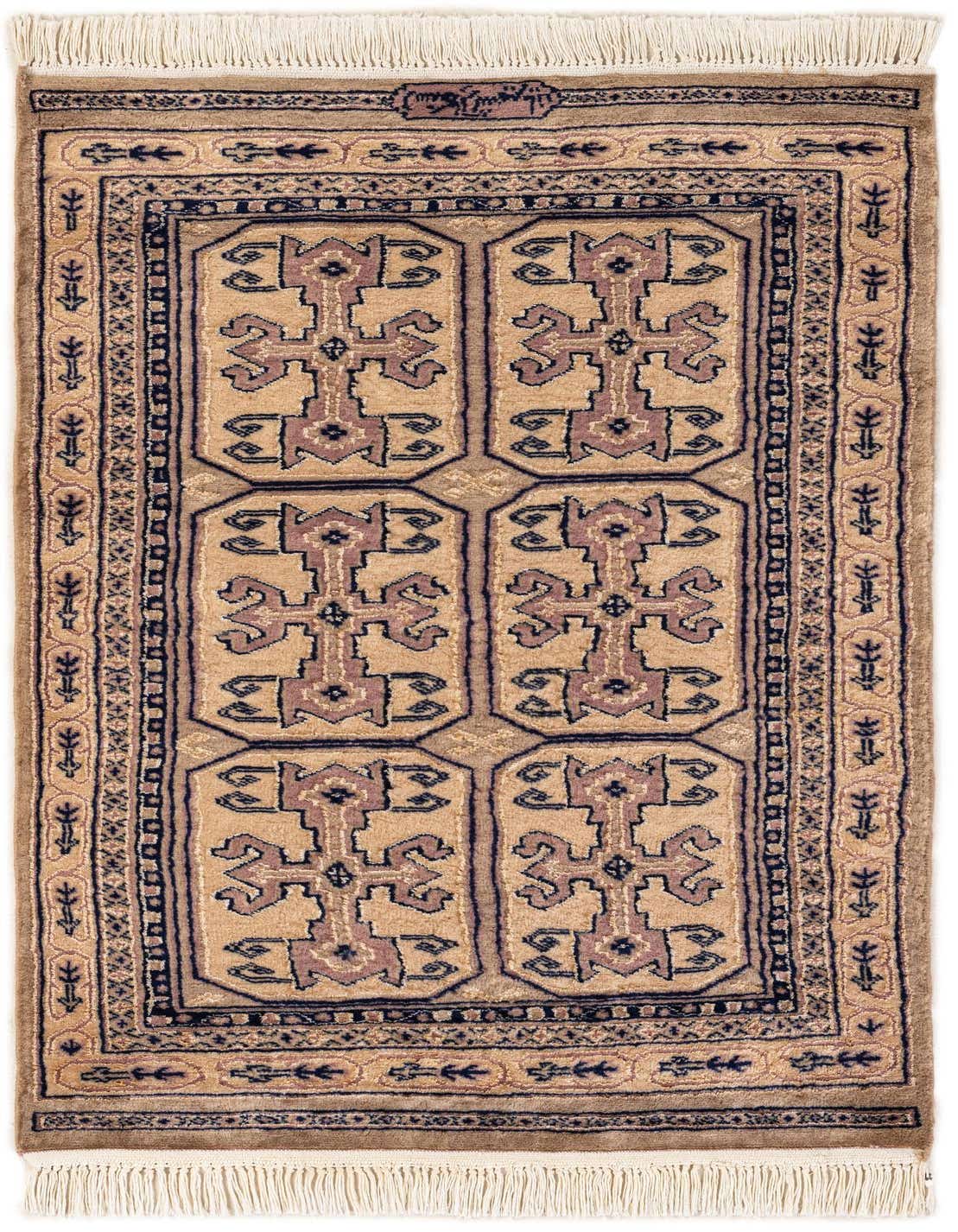 A 3x4 rectangular Bokhara rug in shades of brown and tan, featuring a traditional tribal pattern with ivory fringe.