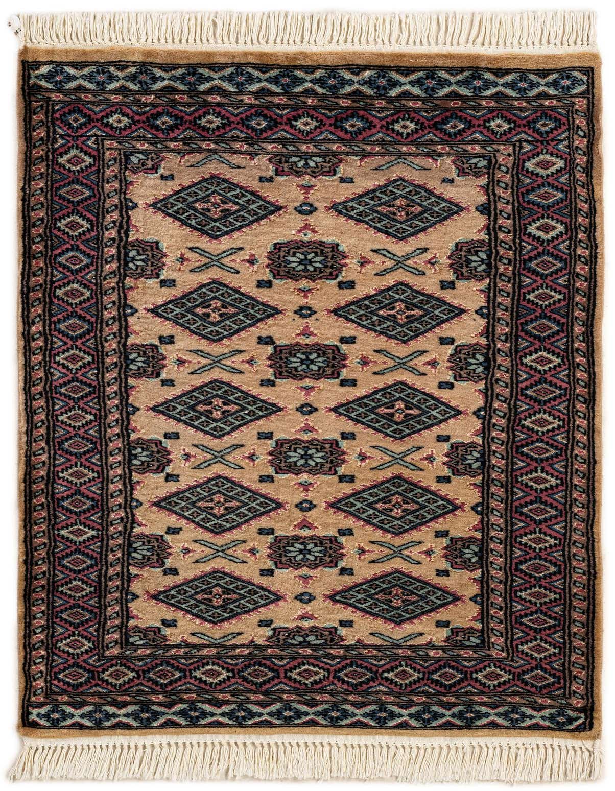 A 3x4 rectangular Bokhara rug featuring a tan field with tribal diamond and floral motifs in blue, black, and red, bordered by intricate patterns and finished with cream fringes.