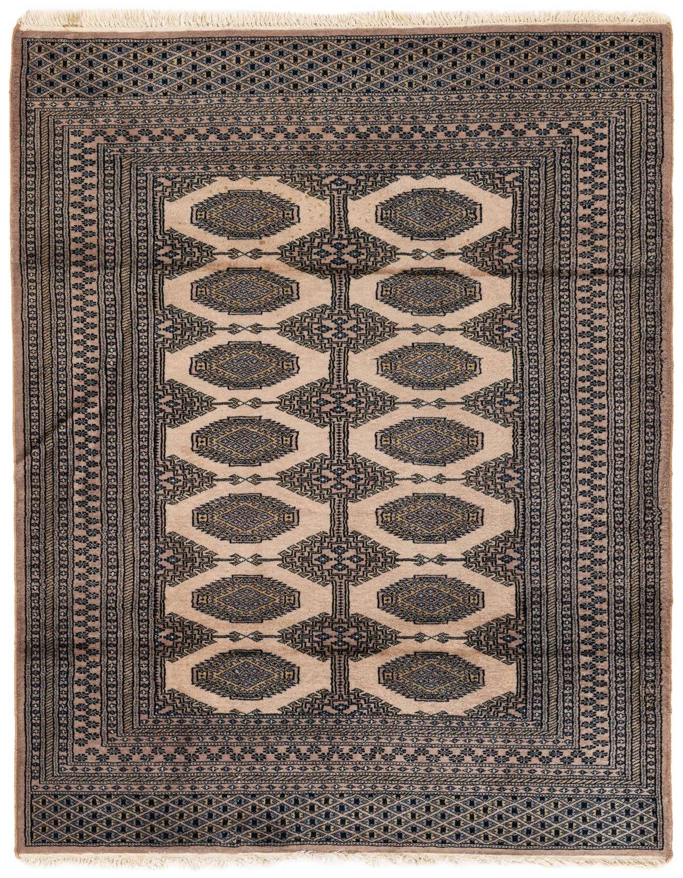 A 4x6 rectangular Bokhara rug featuring a traditional tribal pattern in shades of brown, tan, and cream.
