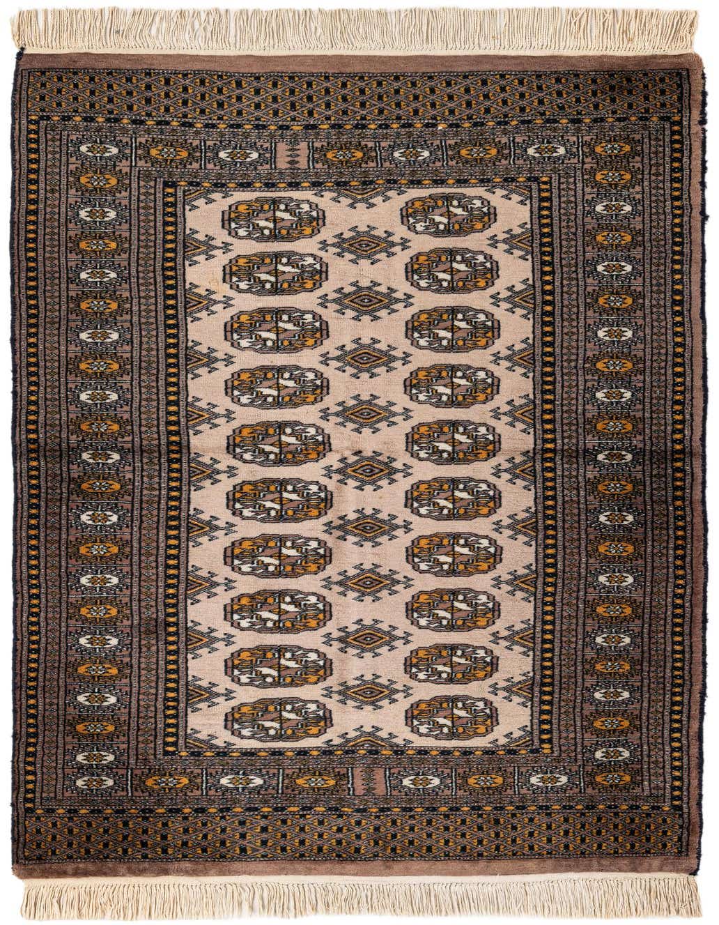 A 3x5 rectangular Bokhara rug with a tribal oriental pattern in browns, tans, and ivories, featuring a central medallion design.