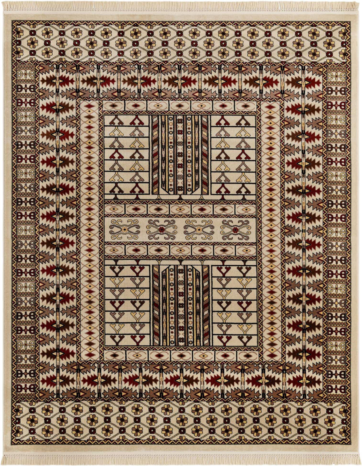 An 8x10 rectangular Bokhara rug featuring traditional patterns in browns, tans, and ivories, with fringe.