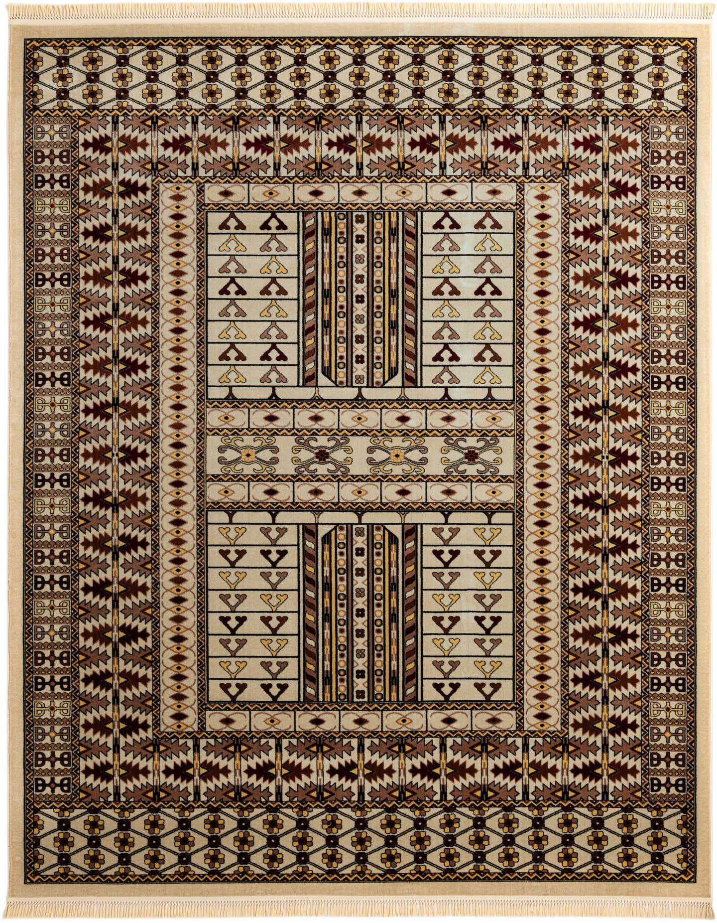 A 9x12 rectangular Bokhara rug featuring traditional geometric patterns in shades of brown, tan, and cream.