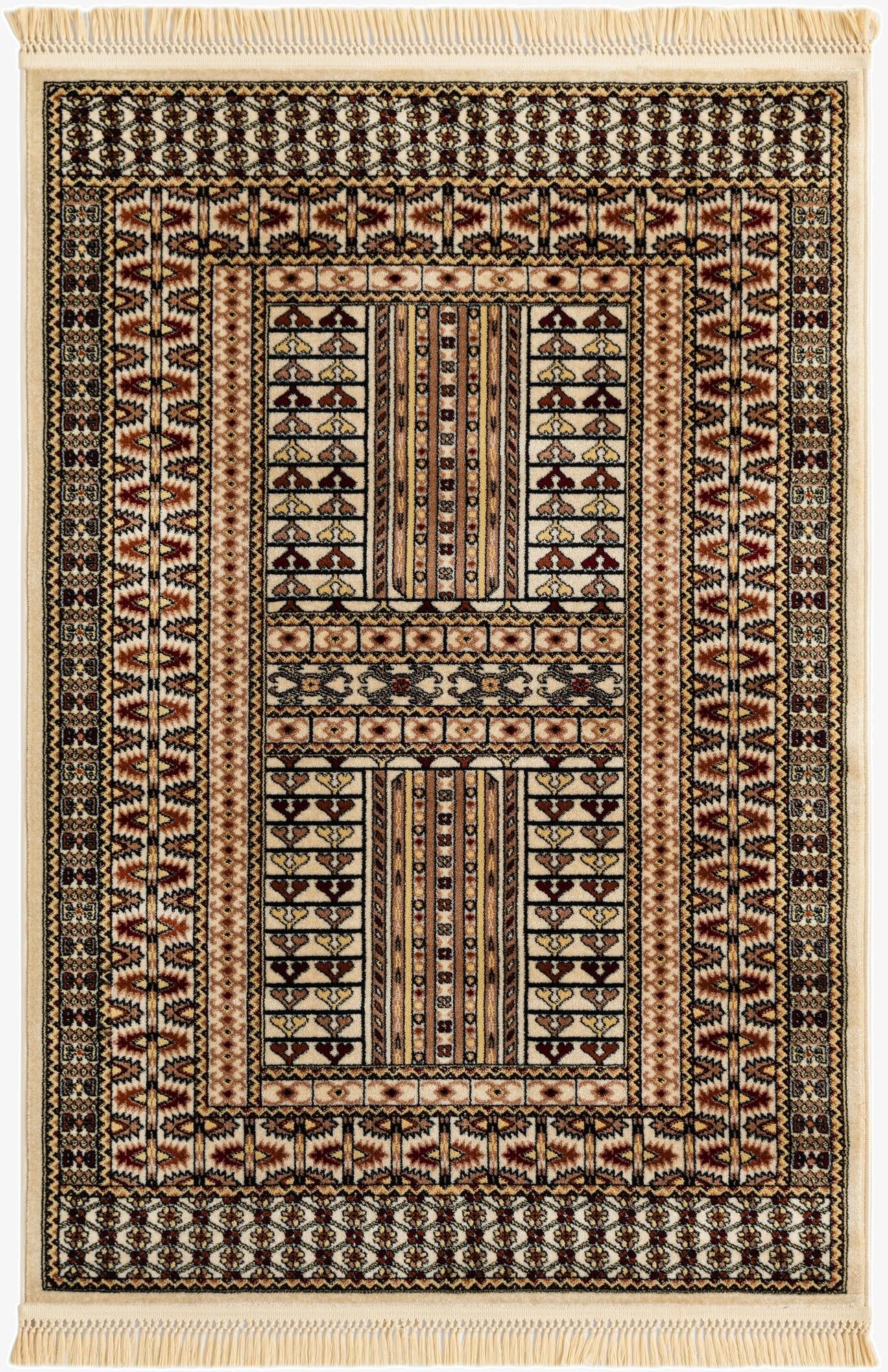 A 4x6 rectangular Bokhara rug featuring intricate traditional patterns in browns, tans, and ivories, with fringe.