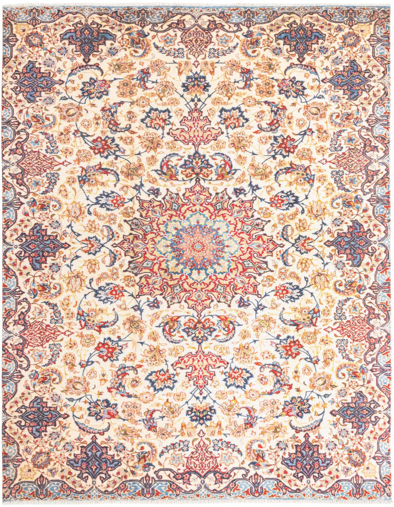 A rectangular 5x8 area rug with an intricate traditional pattern in shades of brown, tan, ivory, cream, and hints of blue and red.