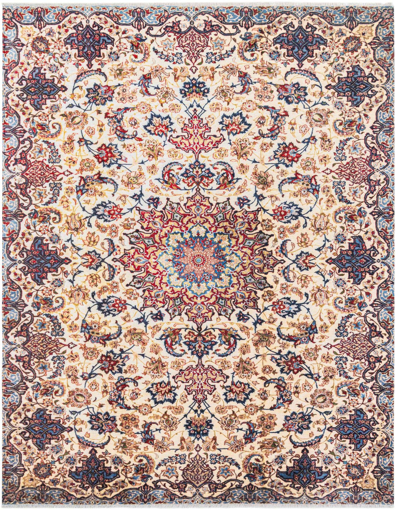 A rectangular 6x9 indoor rug with an ivory and cream background, featuring a detailed oriental medallion pattern in shades of brown, tan, red, and blue.