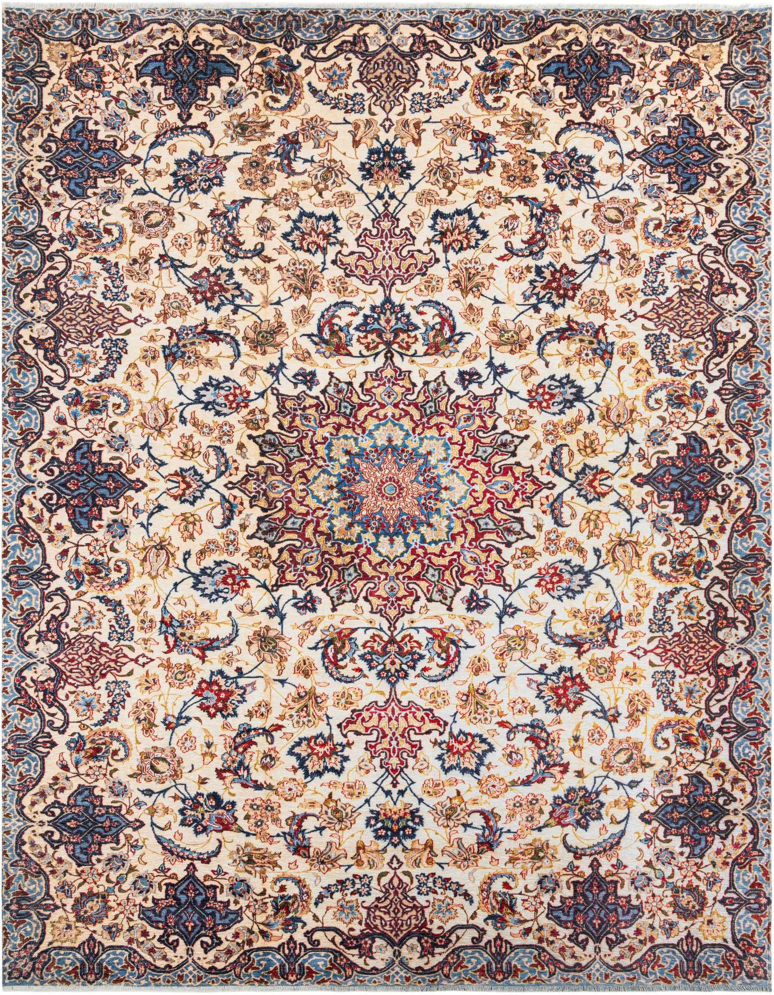 A 9x12 rectangular rug featuring a detailed traditional medallion and floral pattern in shades of brown, tan, ivory, and cream.