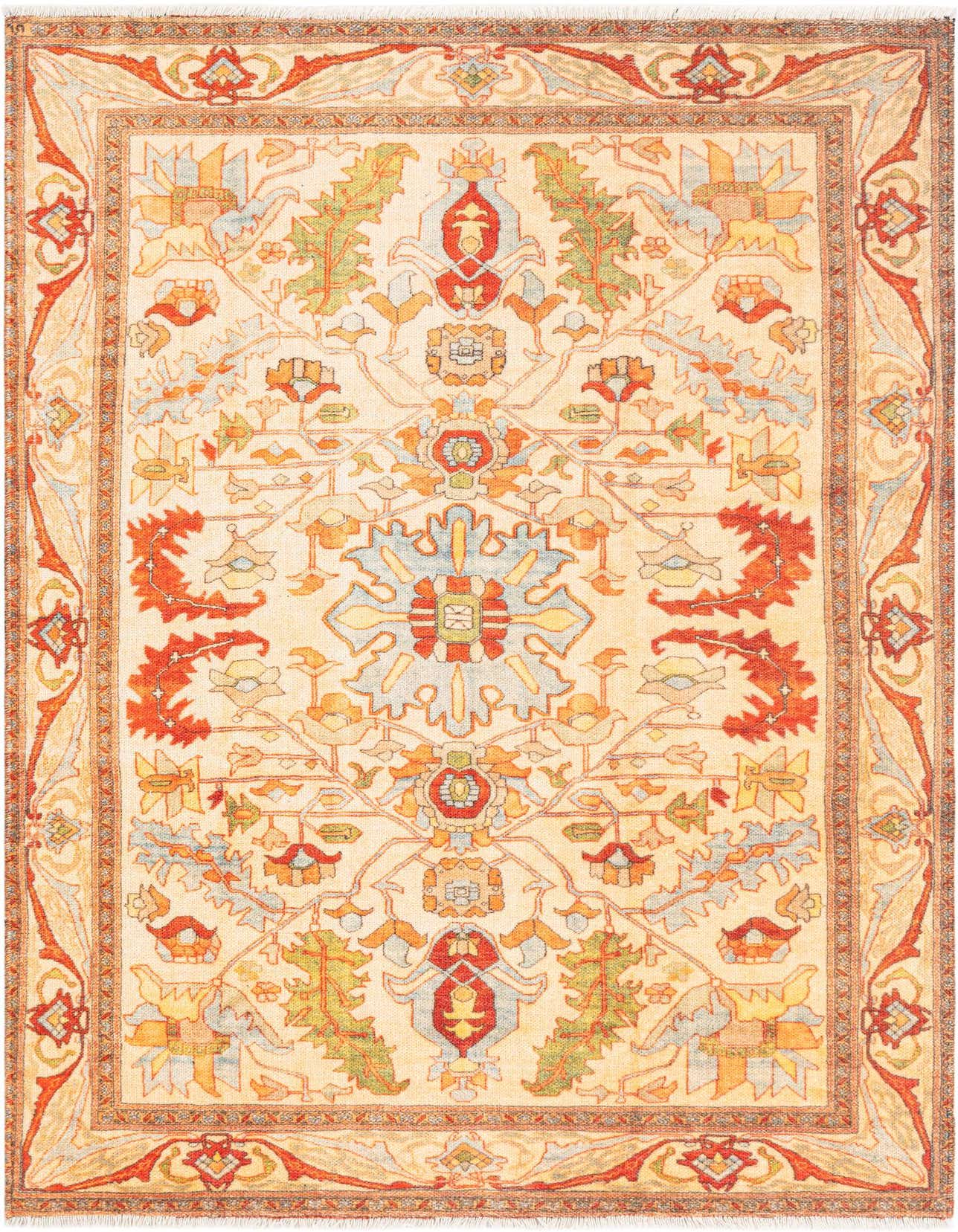 A 4x6 rectangular traditional medallion rug in shades of brown, tan, and ivory with intricate floral and vine patterns.