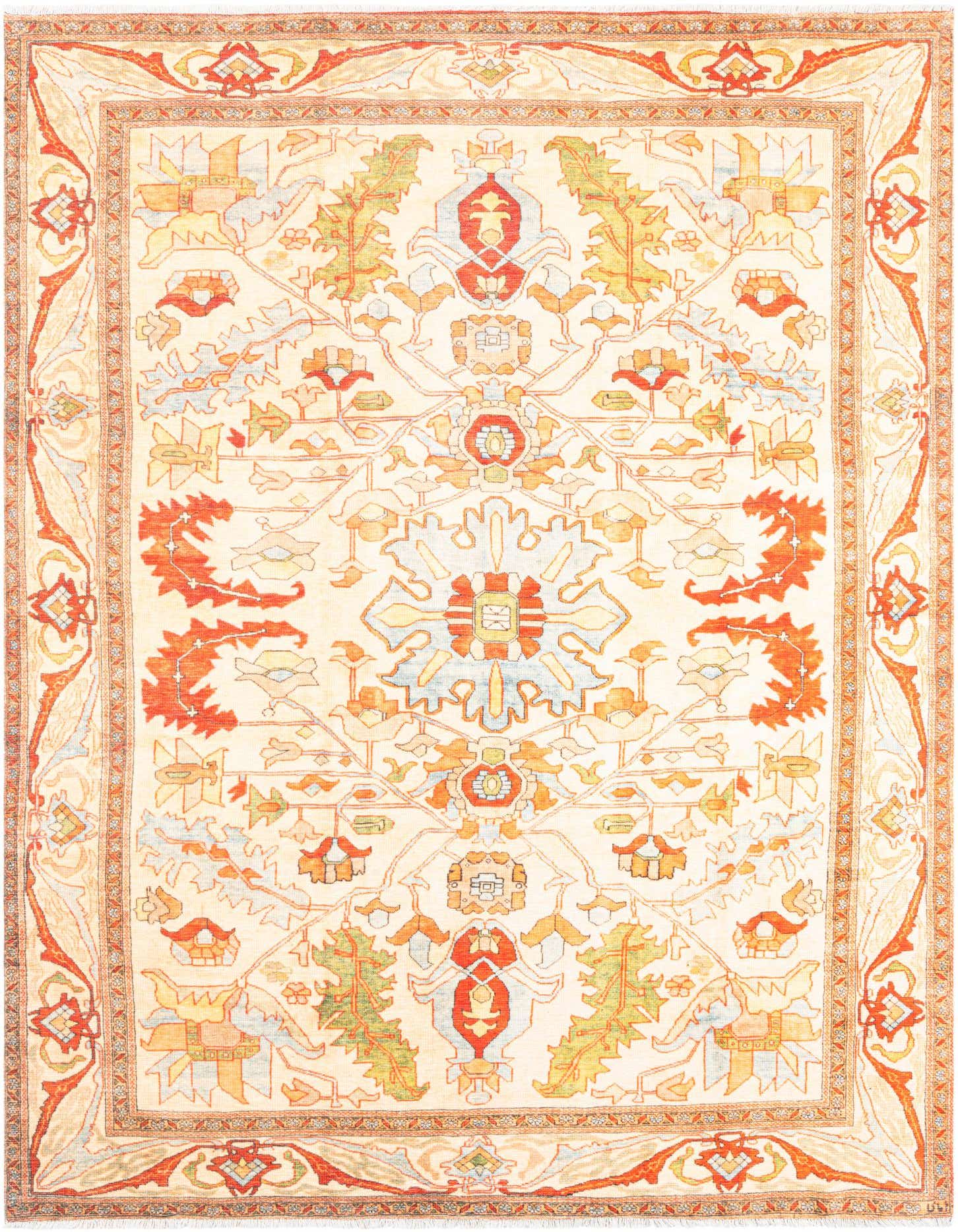 A 5x8 rectangular traditional rug with a central medallion and floral patterns in warm browns, tans, ivories, and creams.