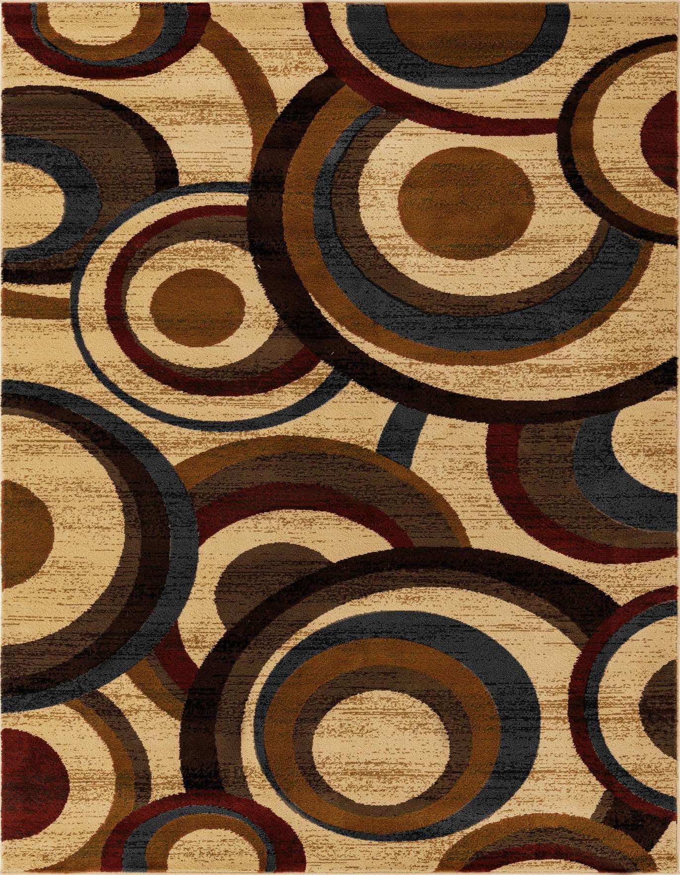 A 4x6 rectangular area rug featuring an eclectic abstract pattern of overlapping circles in shades of brown, tan, ivory, cream, dark red, and slate blue.