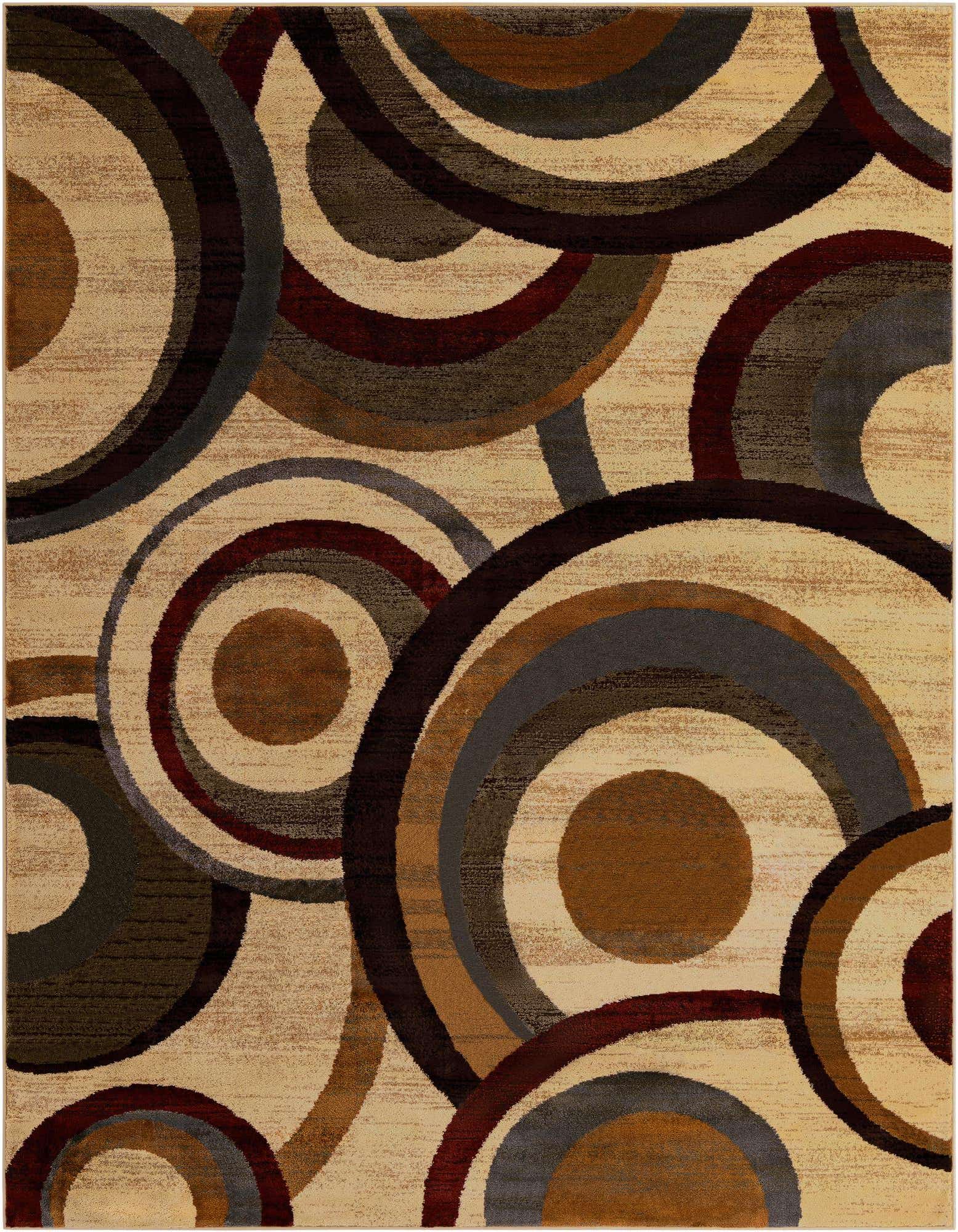 An 8x10 rectangular rug with a modern abstract pattern of interlocking circles in shades of brown, tan, cream, and deep red.