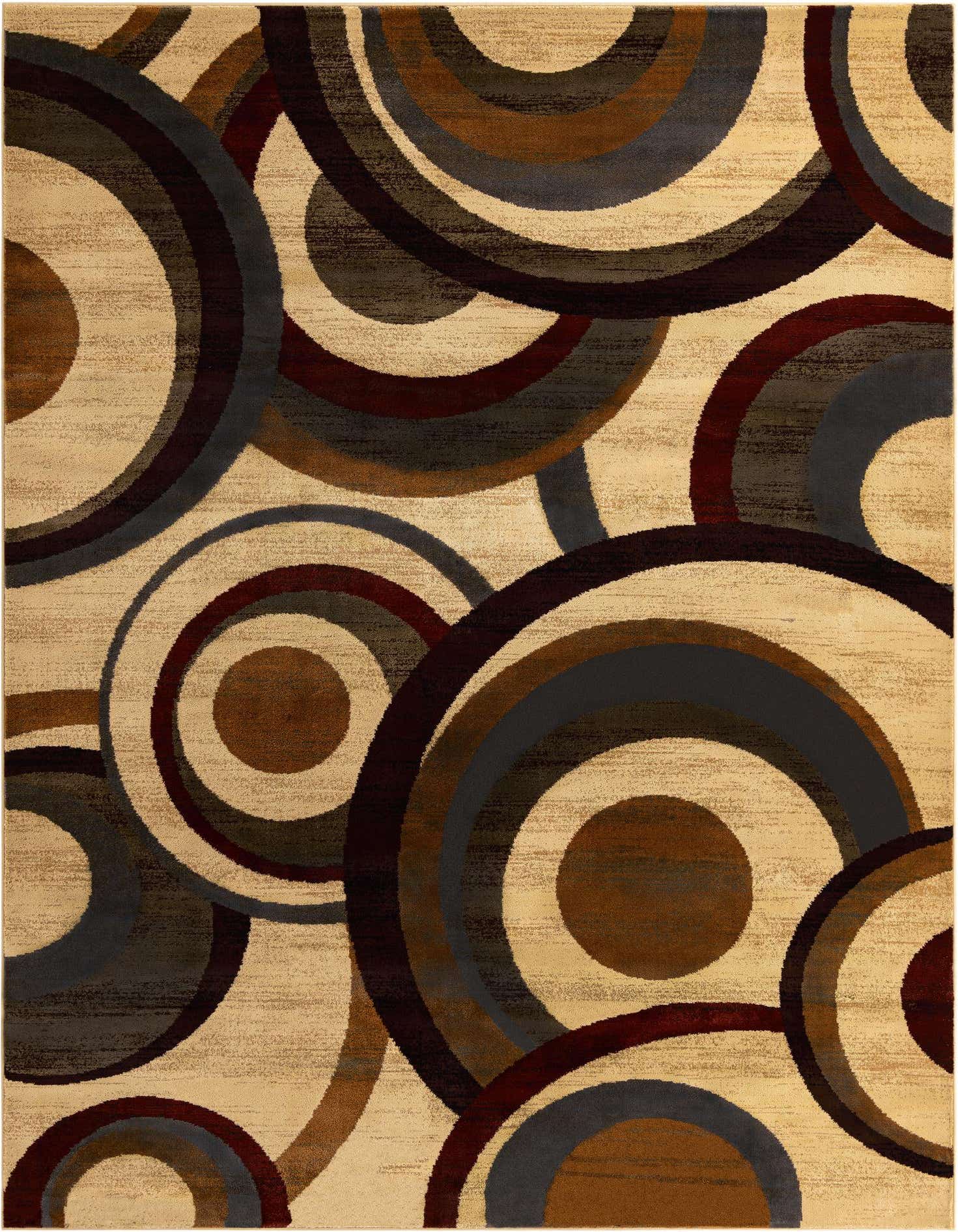 A 9x12 rectangular area rug with a modern abstract pattern of overlapping circles in shades of brown, tan, cream, and dark gray.