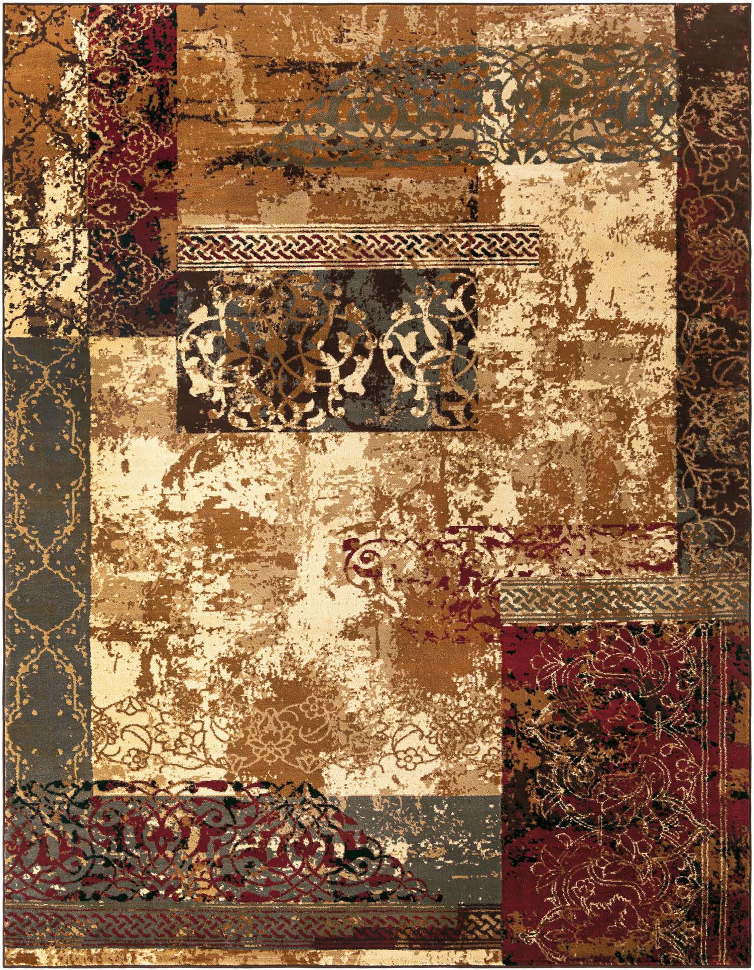 A 9x12 rectangular Cafe Collection rug featuring an eclectic, abstract pattern in browns, tans, and ivories with hints of red, suitable for a living room.