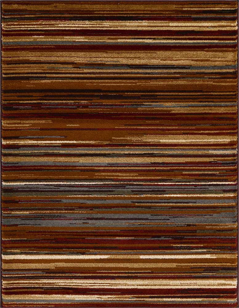 A 2x3 rectangular rug featuring an eclectic stripe pattern in varying shades of brown, tan, cream, and hints of grey and red.