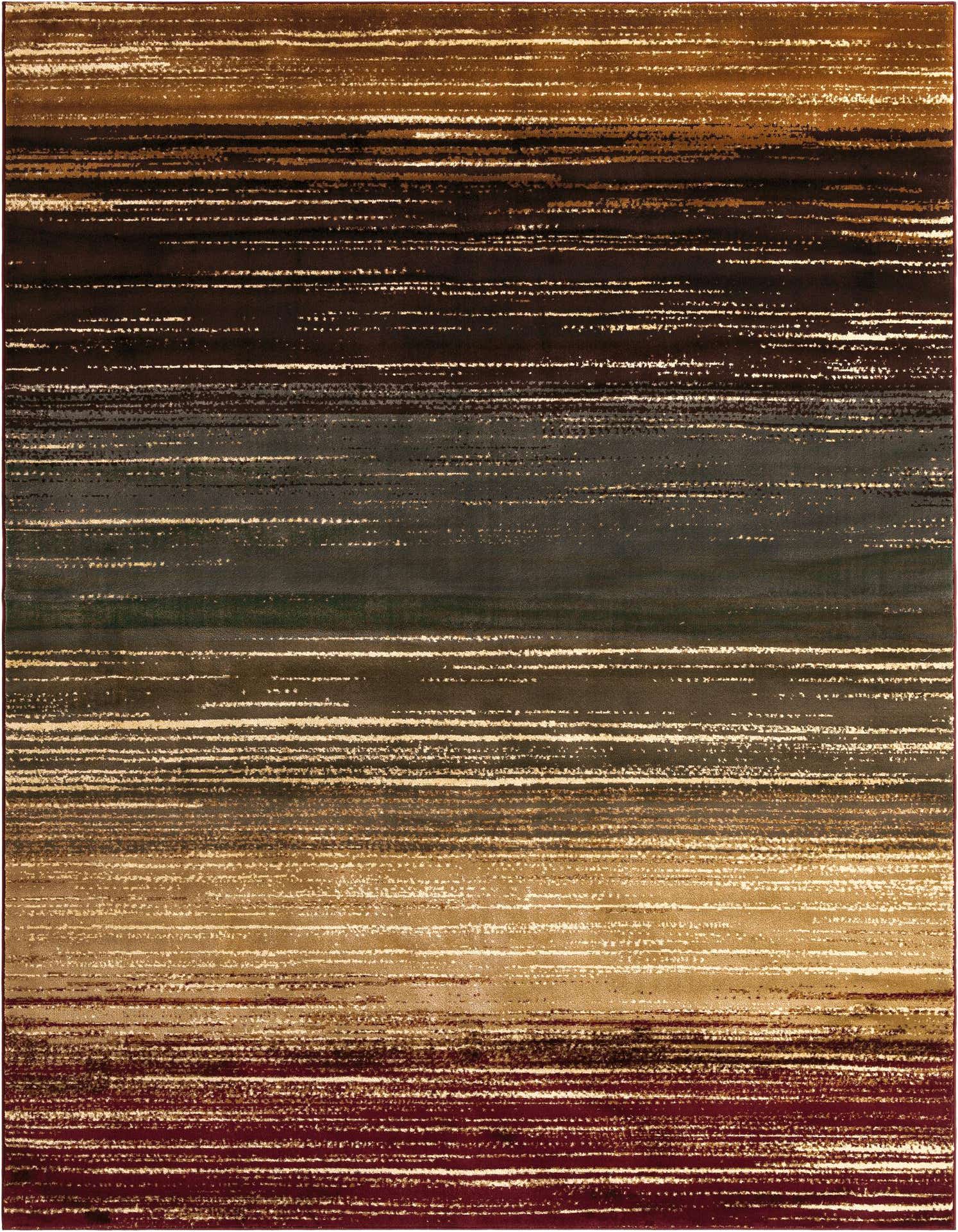 A 9x12 rectangular area rug featuring horizontal stripes in varying shades of brown, tan, cream, and deep red, creating an eclectic, modern look.